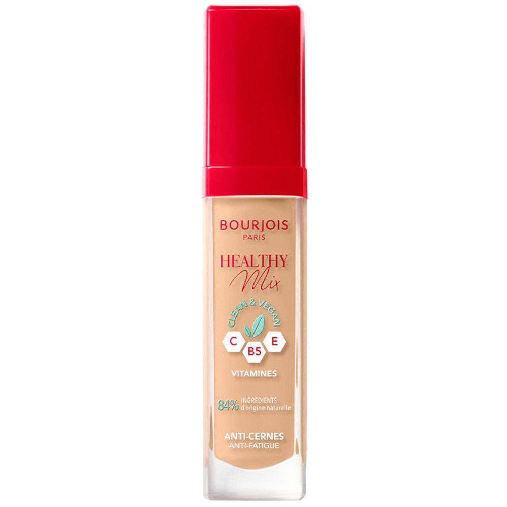 Flüssiger Concealer mit rotem Deckel. Aufschrift: Bourjois, Healthy Mix, Vitamine C, E, B5. 84% Inhaltsstoffe natürlichen Ursprungs. Anti-Cernes.
