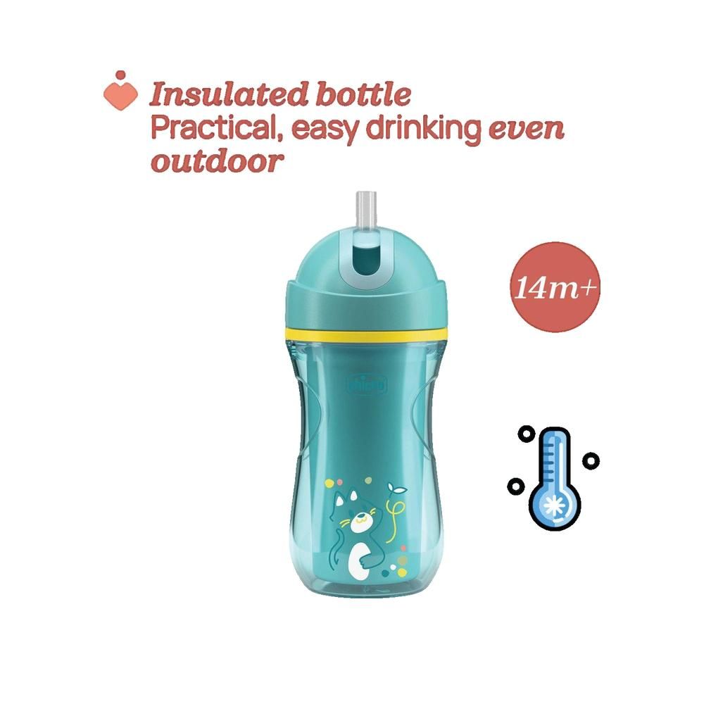 Türkisfarbene Trinkflasche mit Strohhalm. Gelber Ring. Altersempfehlung 14m+. Isolierflasche.