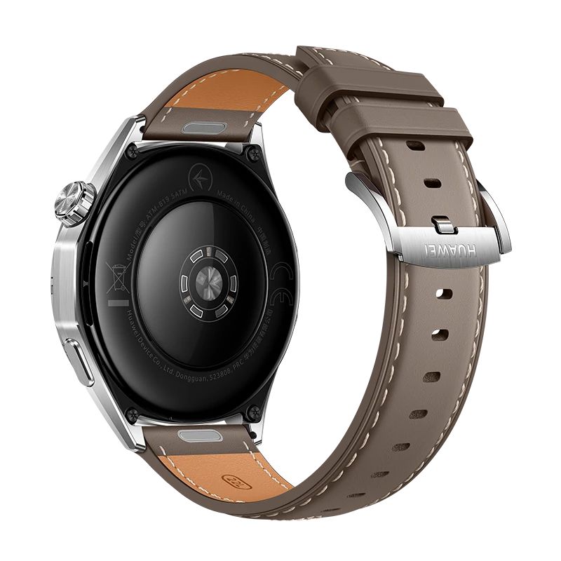 Rückseite der Smartwatch mit Sensoren und braunem Lederarmband. Gehäuse aus Metall, Armband mit silberner Schließe.