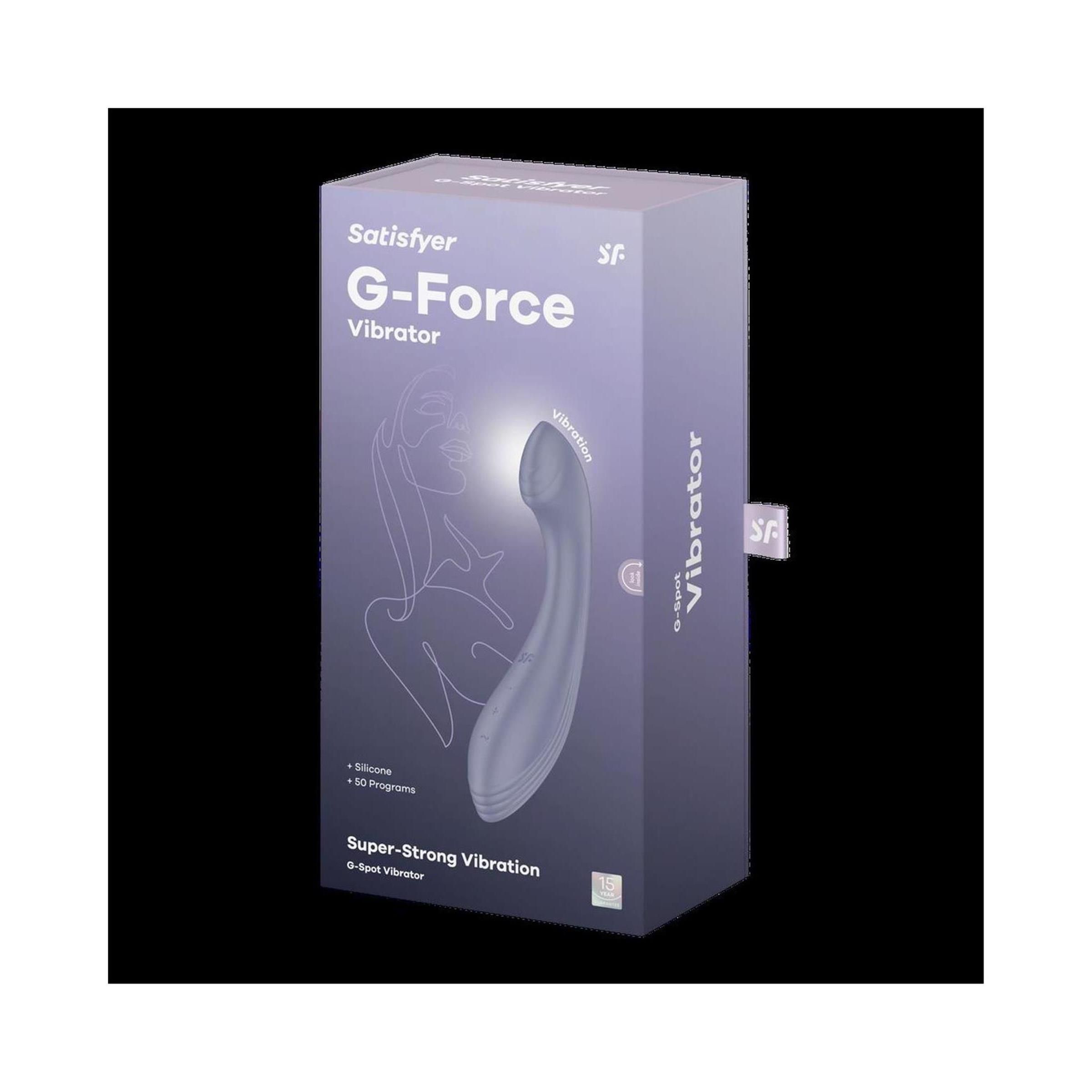 Verpackung des G-Punkt Vibrators "G-Force" von Satisfyer. Lila Box mit Produktabbildung und Produktnamen. Enthält Informationen zu Funktionen.