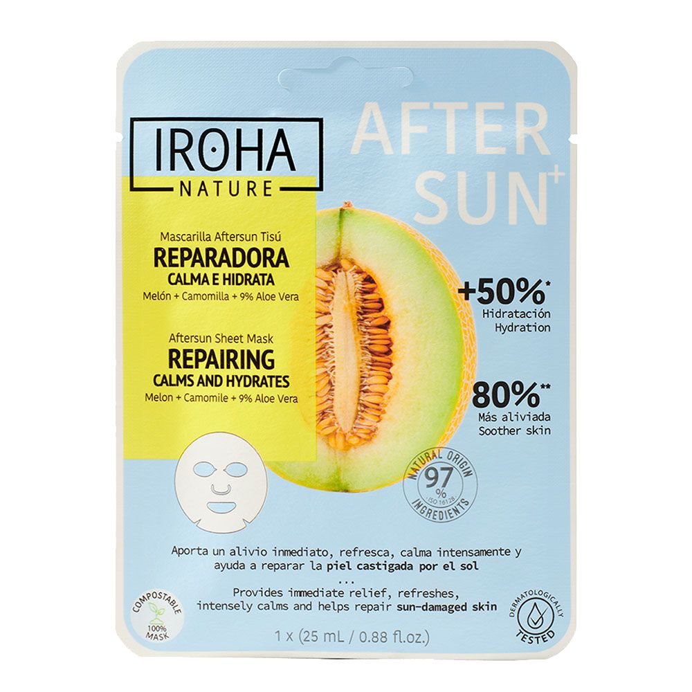 Gesichtsmaske in Verpackung. Marke IROHA NATURE. Text: REPARADORA, CALMA E HIDRATA. Melon, Kamille, Aloe Vera. 50% Hydratation, 80% beruhigt.