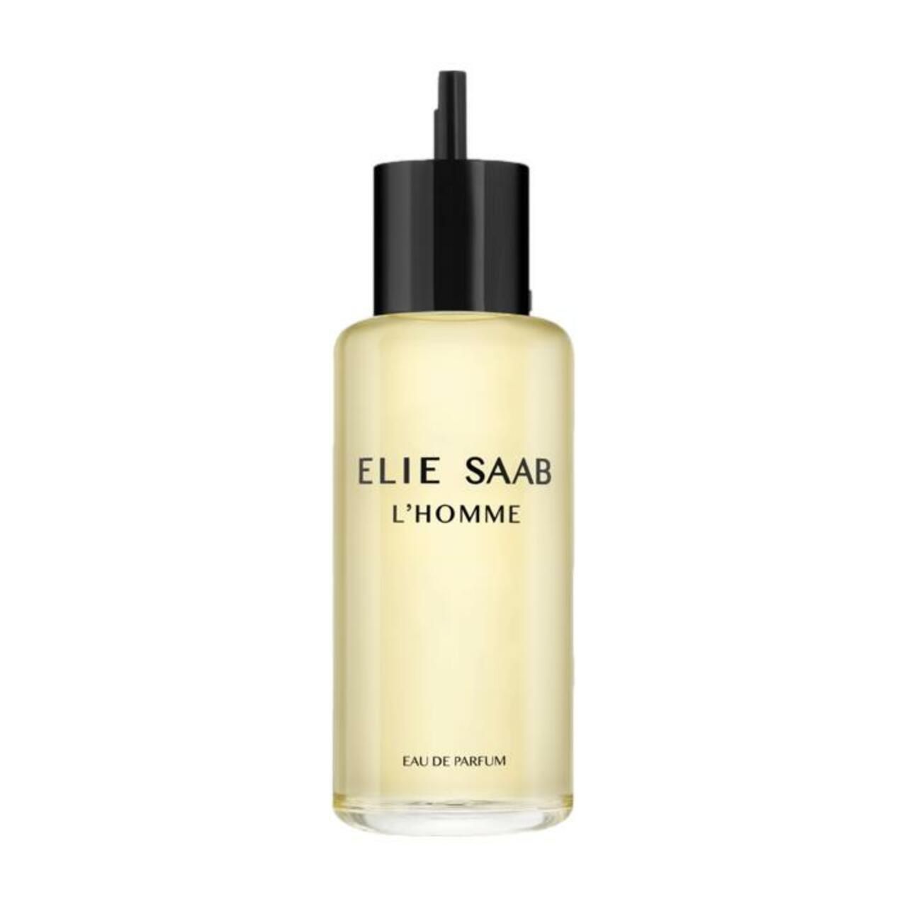 Parfümflakon mit schwarzem Verschluss. Aufschrift: ELIE SAAB L'HOMME. Eau de Parfum.