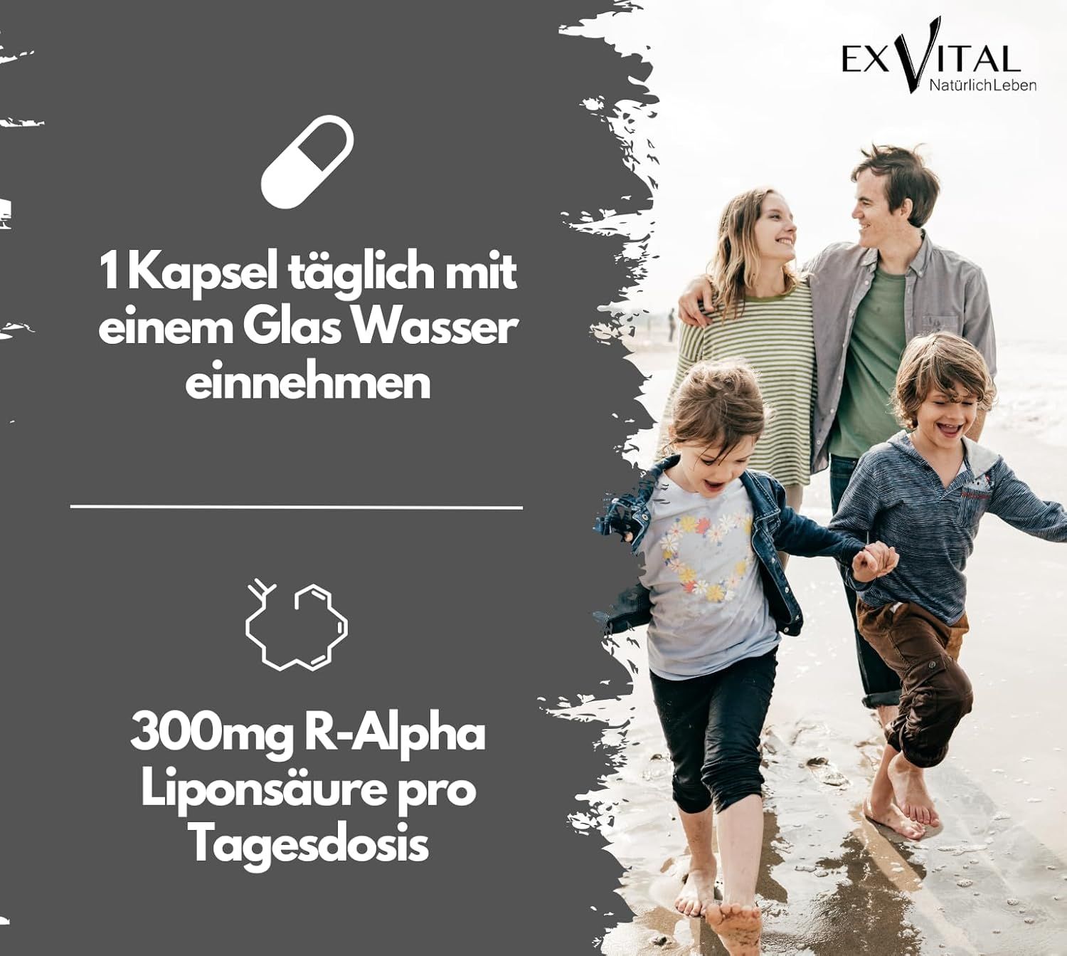 Grafik mit Familie am Strand. Text: 1 Kapsel täglich mit einem Glas Wasser einnehmen. 300mg R-Alpha-Liponsäure pro Tagesdosis.