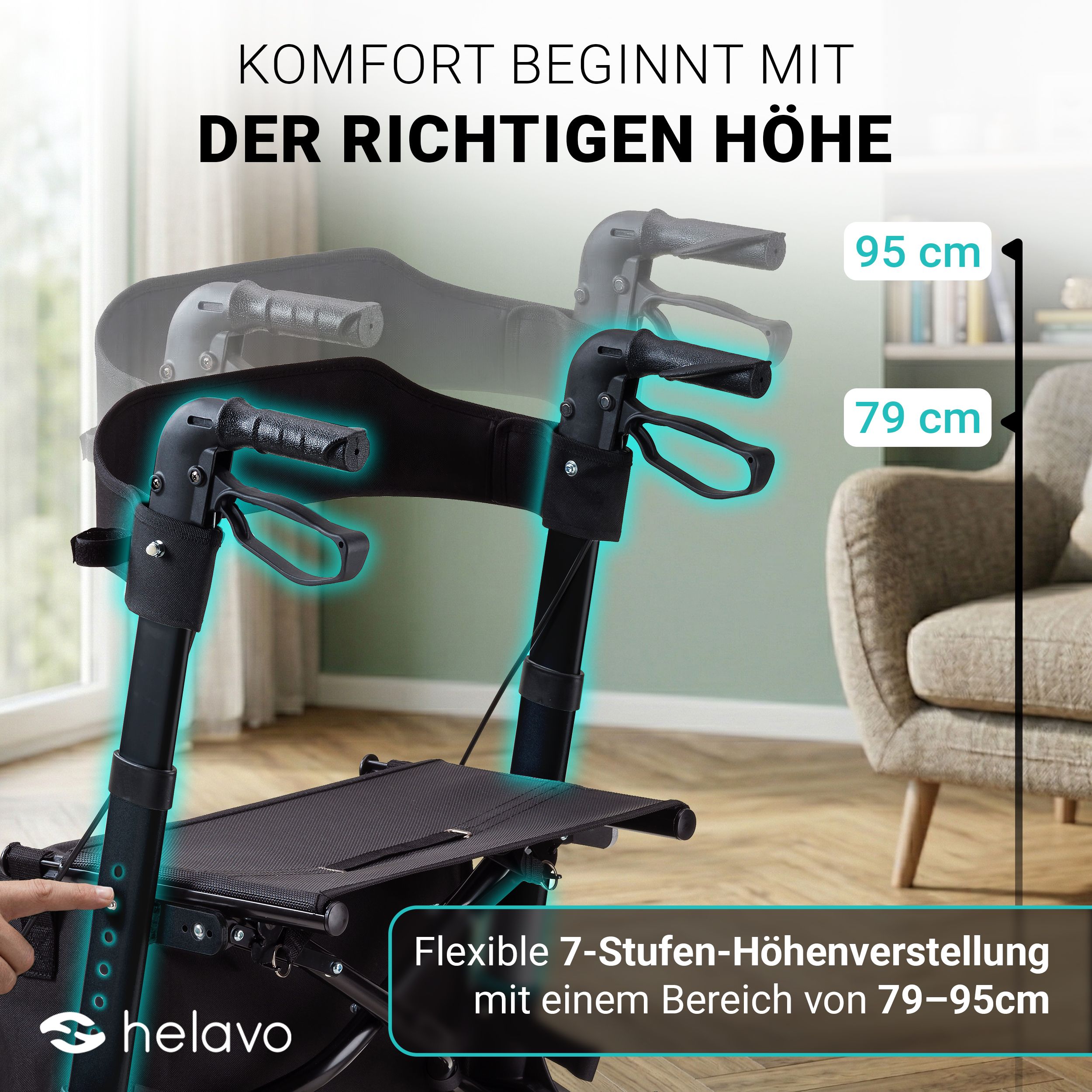 Helavo Aluminium Rollator faltbar mit Sitzfläche und Reisetasche leicht 8,3kg