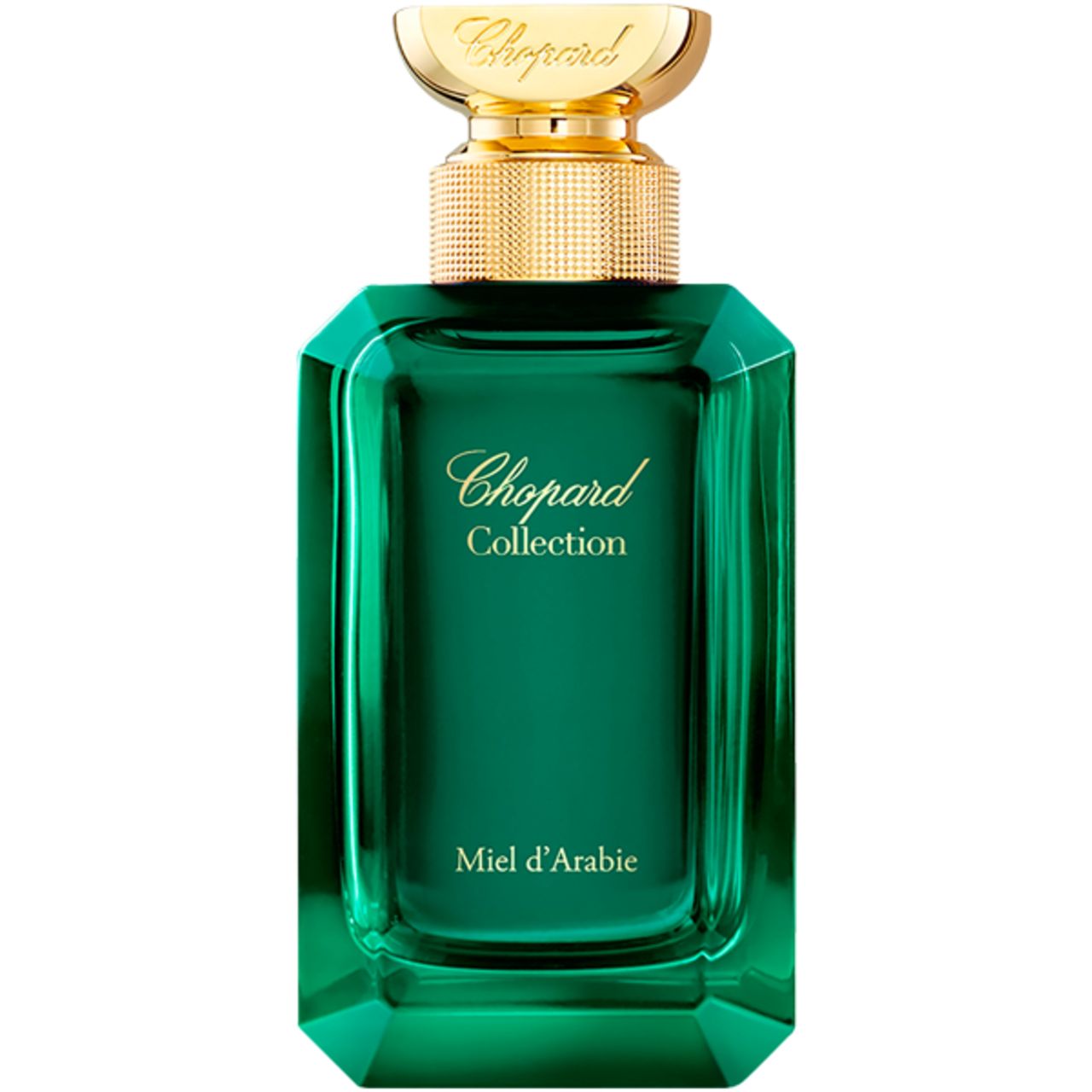 Grüner Flakon mit goldfarbenem Verschluss. Aufschrift: Chopard Collection, Miel d'Arabie.