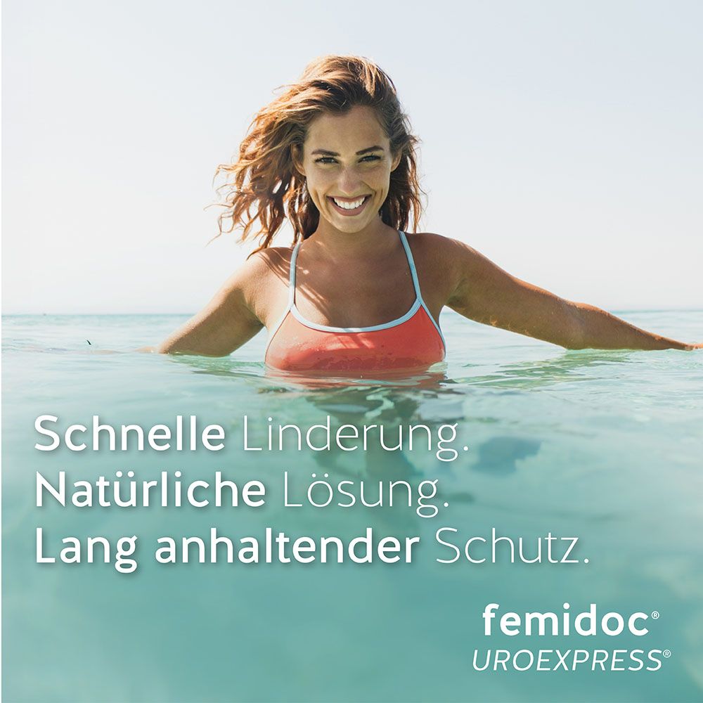 femidoc® UROEXPRESS® Packung. Rosa-weiße Schachtel mit Produktinformationen und Logo. 14 Beutel.