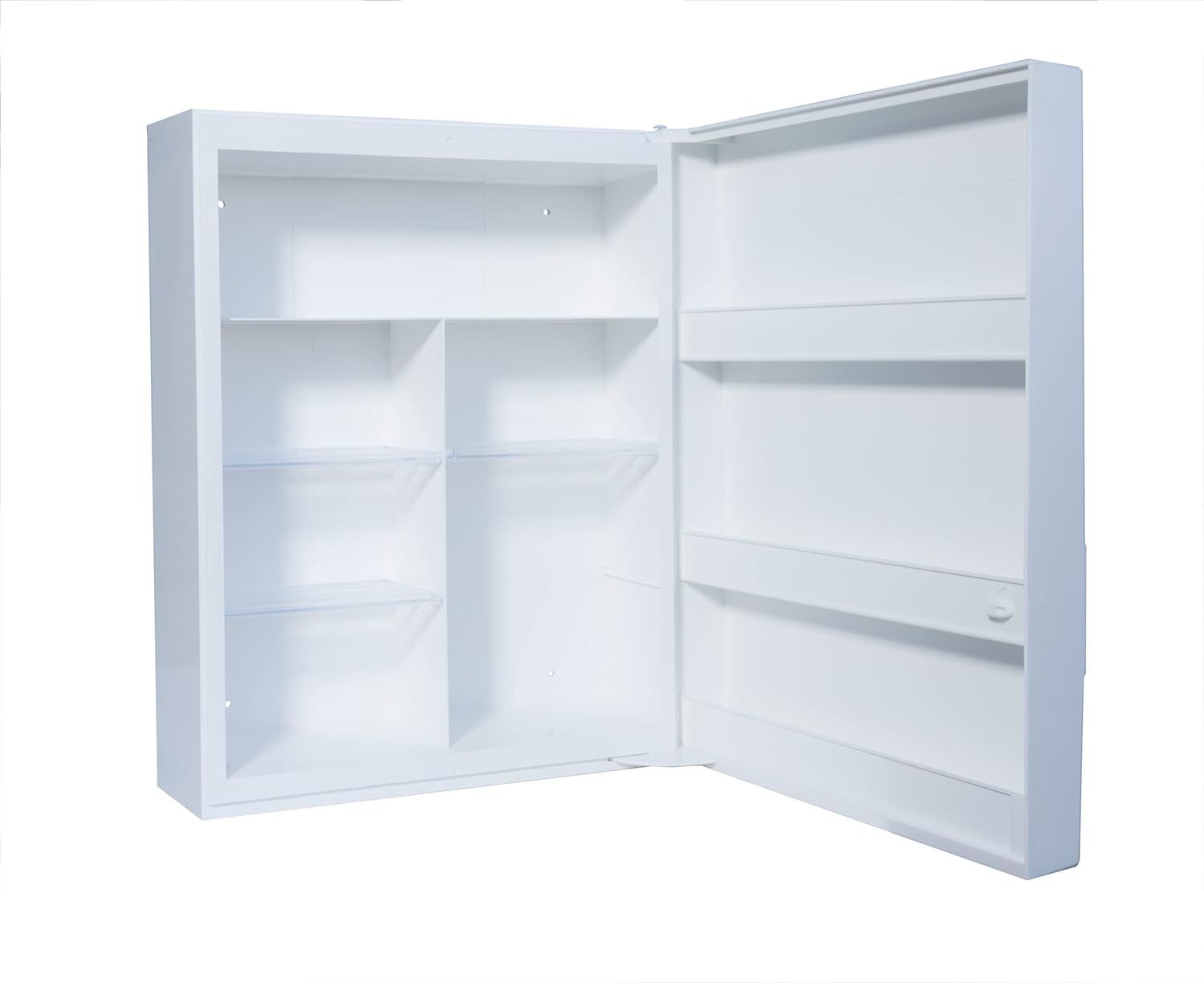 Weißer Verbandschrank, Tür geöffnet. Innenraum mit Regalen und Fächern. Leer, für DIN 13157 Füllung.