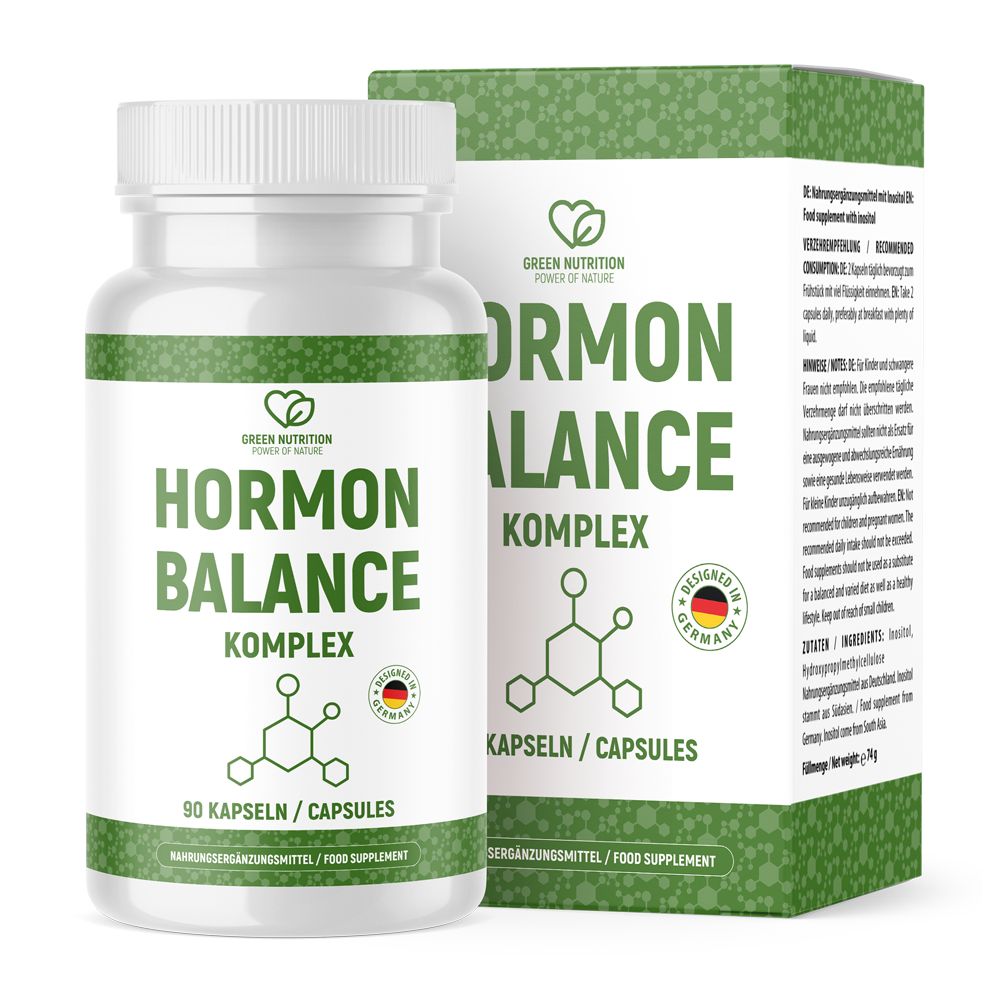 Hormonbalance Komplex Kapseln von Green Nutrition. Weiße Kapsel-Flasche und Schachtel. Aufschrift: Hormon Balance Komplex, 90 Kapseln, hergestellt in Deutschland.