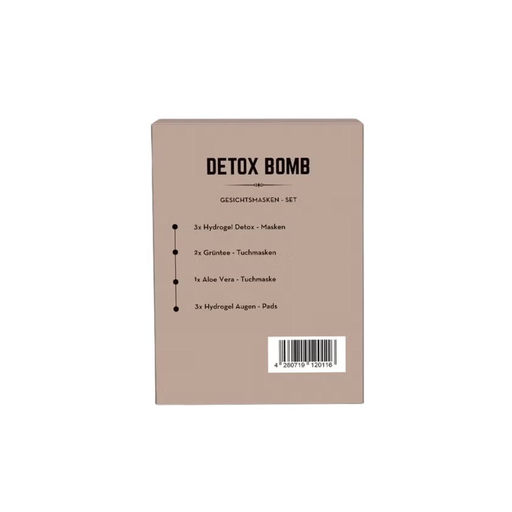 Rückseite der Verpackung. Aufschrift: "Detox Bomb Gesichtsmasken-Set". Auflistung der enthaltenen Produkte.
