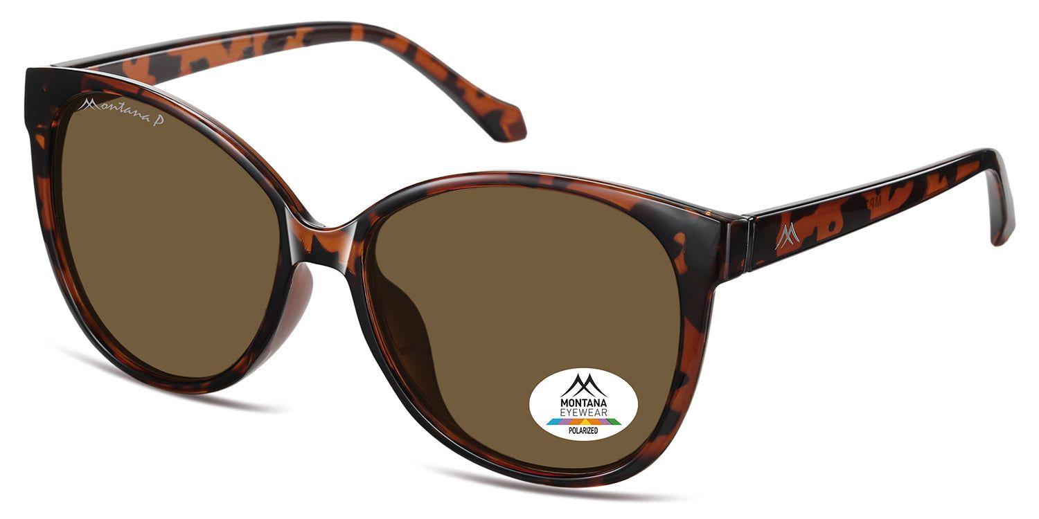 Sonnenbrille mit braunen Gläsern und braunem Rahmen. "Montana P" auf dem Rahmen. Auf einem Glas befindet sich ein Aufkleber mit "Montana Eyewear Polarized".