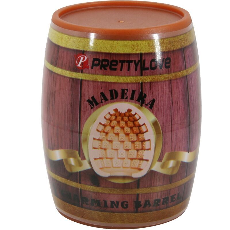 Zylindrischer Behälter mit Holzoptik. Aufschrift: Pretty Love, Madeira. Goldfarbene Bänder. Brauner Deckel.