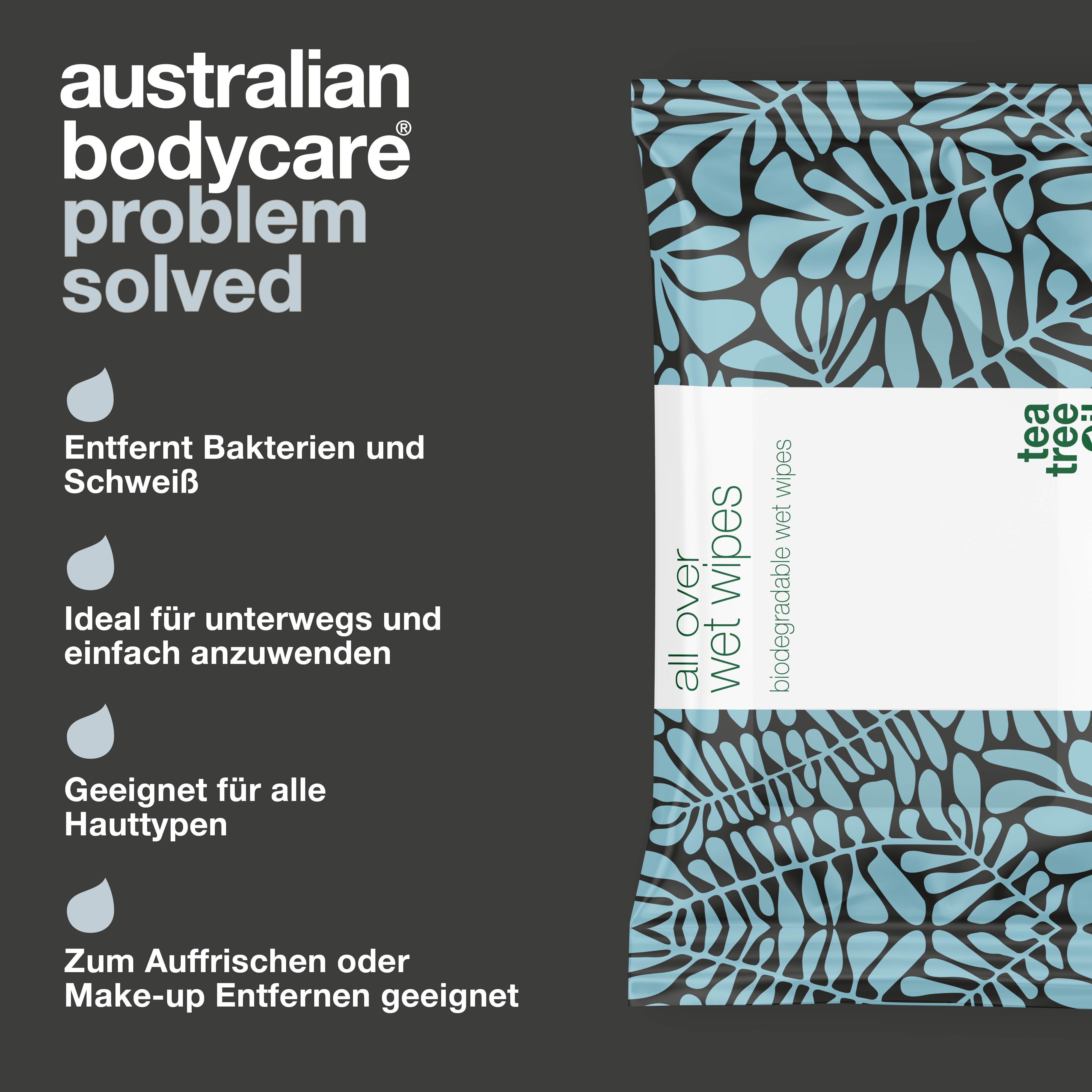 Packung Feuchttücher mit Teebaumöl. Text: all over wet wipes. Text: Australian Bodycare. Text: Problem solved.