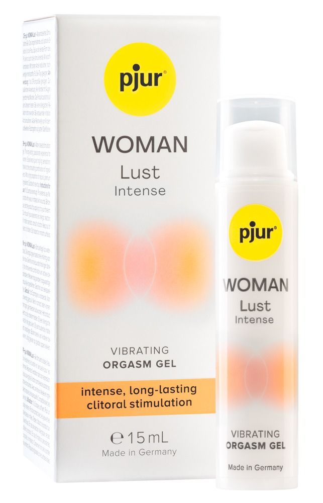 Pjur Woman Lust Intense Vibrating Orgasmusgel. Flasche und Verpackung. Gel mit Text: intense, long-lasting clitoral stimulation. 15 ml.