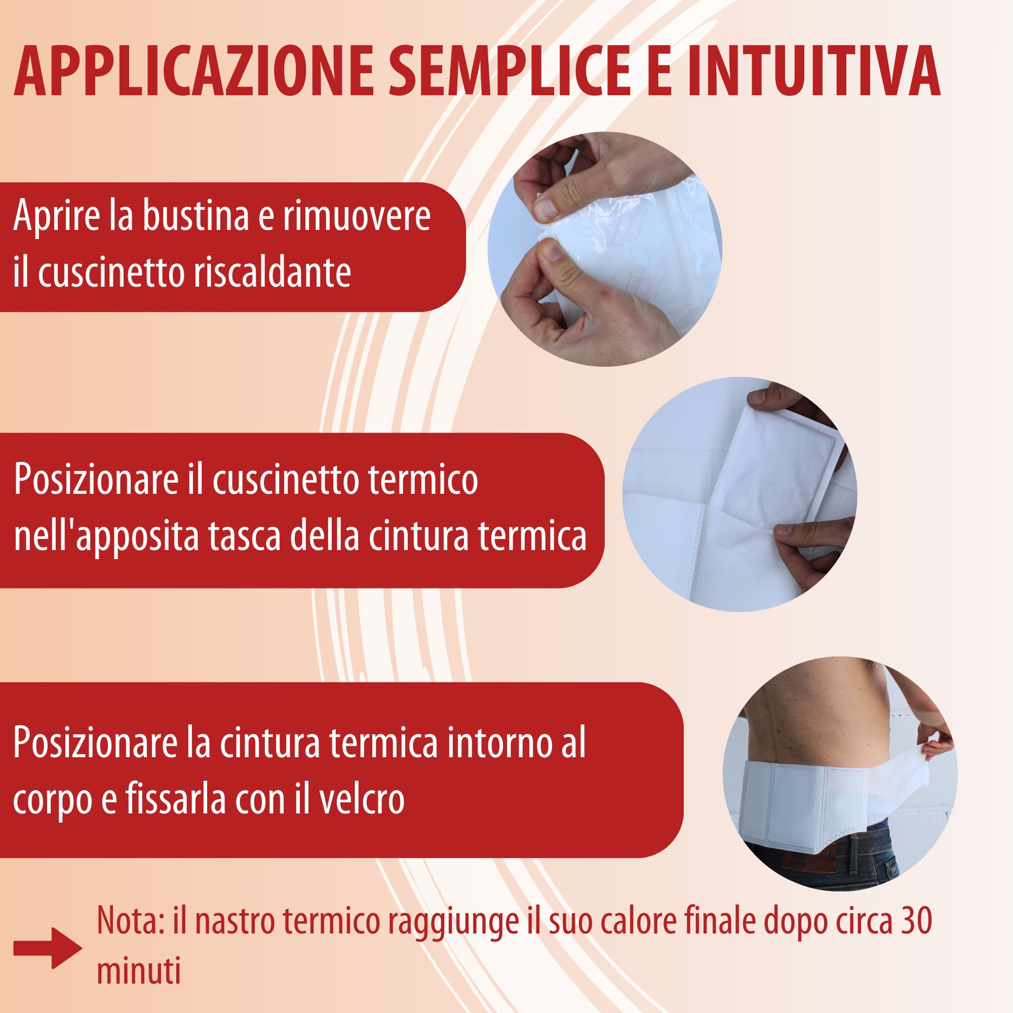 Grafica con testo e icone. Riduce dolori, tensioni, crampi lombari e fianchi.