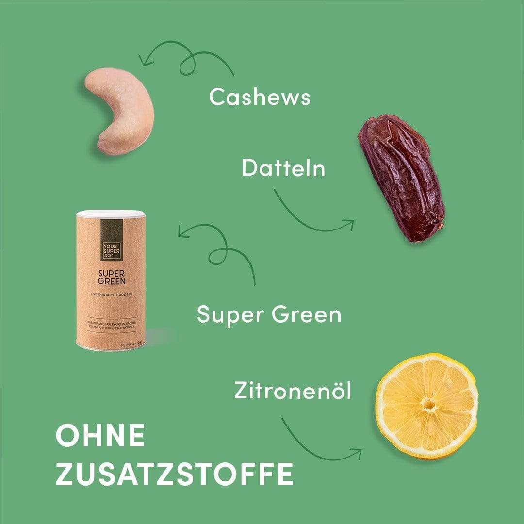 Zutaten des Super Green Riegels: Cashewnuss, Dattel, Super Green Pulver, Zitronenöl. Text: Ohne Zusatzstoffe. Hintergrund grün.