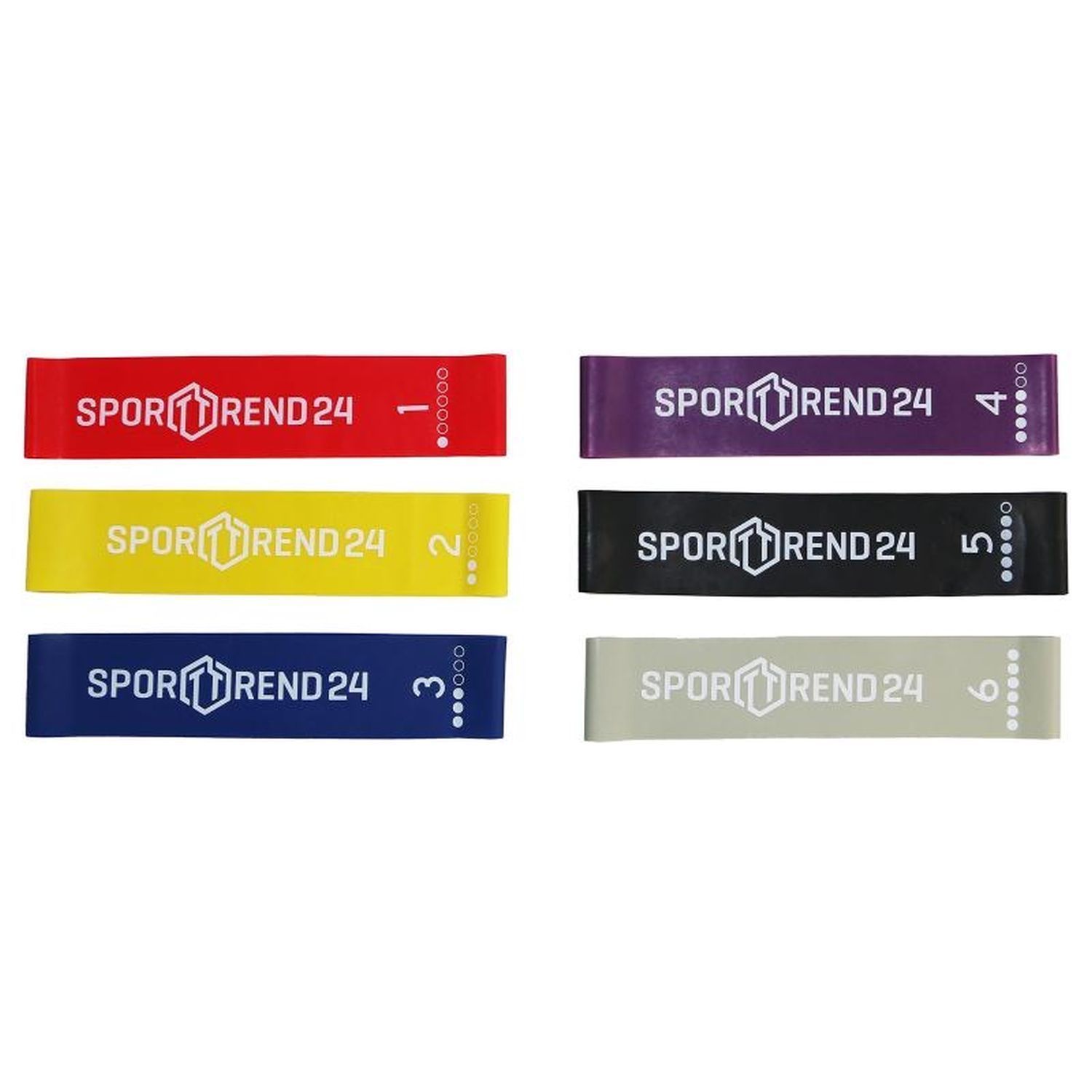 Mini-Bänder-Set von Sporttrend24. Sechs farbige Bänder mit weißen Zahlen und Logo. Unterschiedliche Widerstände.