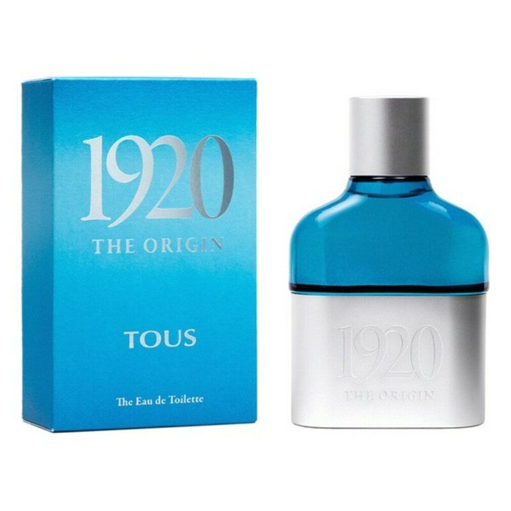 Flacon et boîte bleu et argent. La boîte porte l'inscription "1920 THE ORIGIN TOUS The Eau de Toilette". Le flacon a un bouchon argenté.