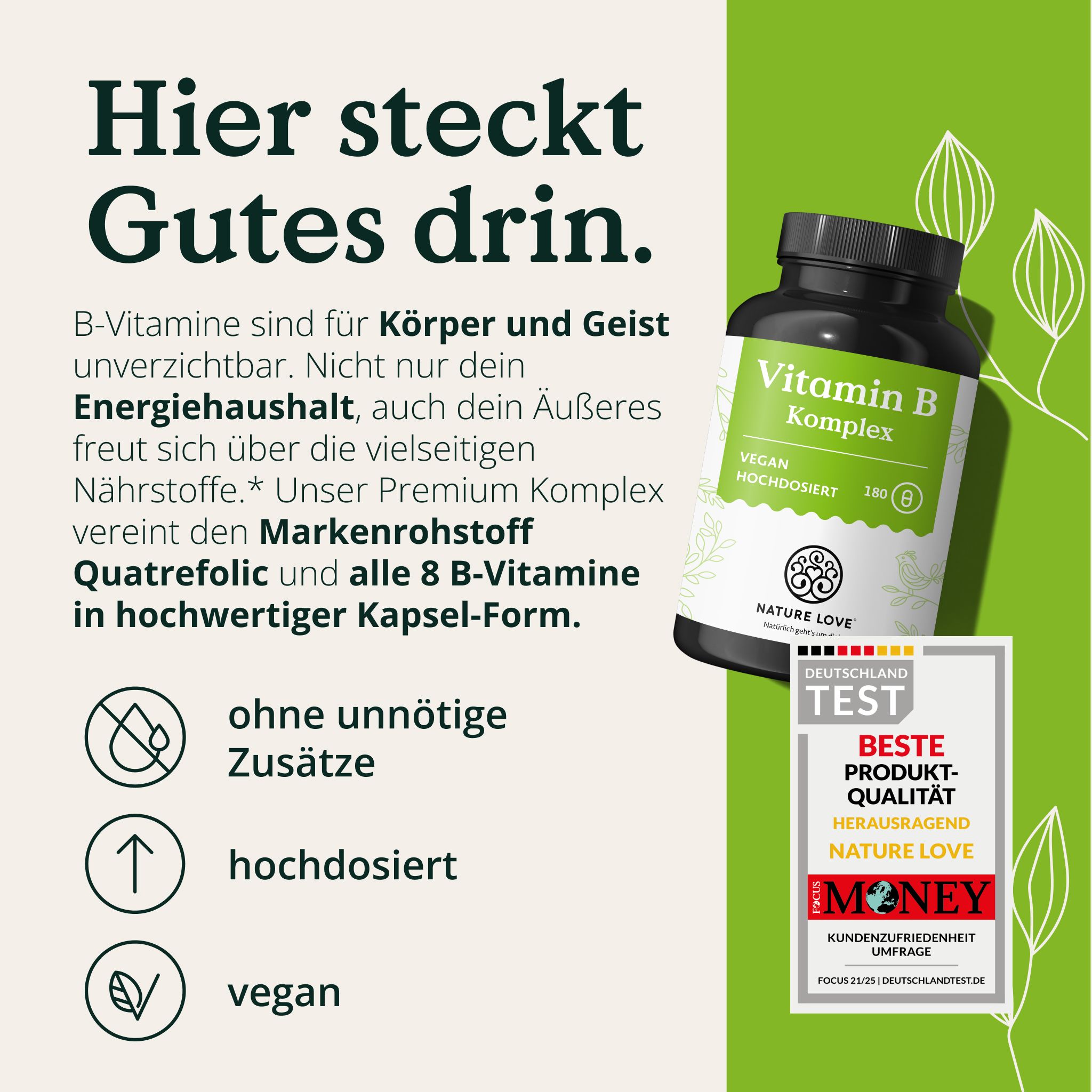 NATURE LOVE® Vitamin B Komplex Flasche, vegan, hochdosiert, mit Siegel 'Deutschland Test'.