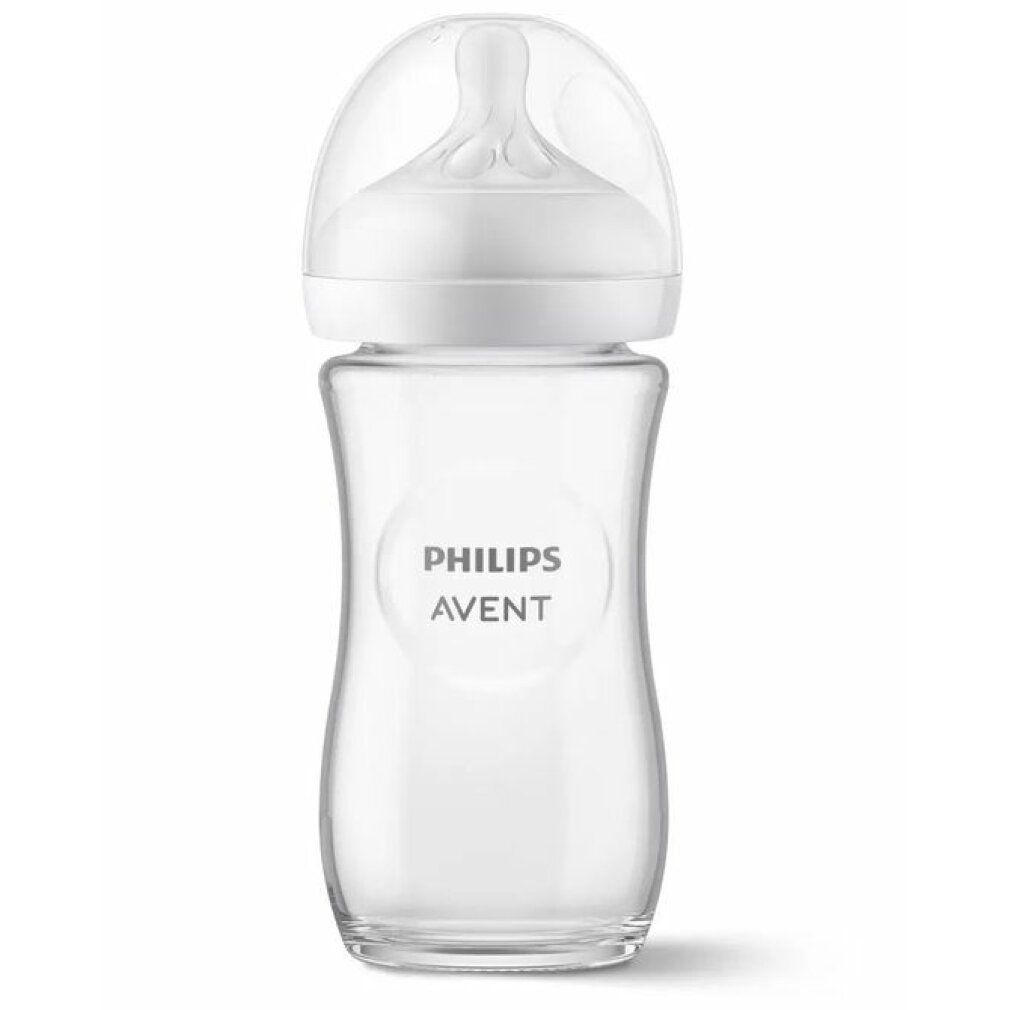 Glasflasche mit weißem Sauger und Verschluss. Auf der Flasche ist das Logo von Philips Avent zu sehen.