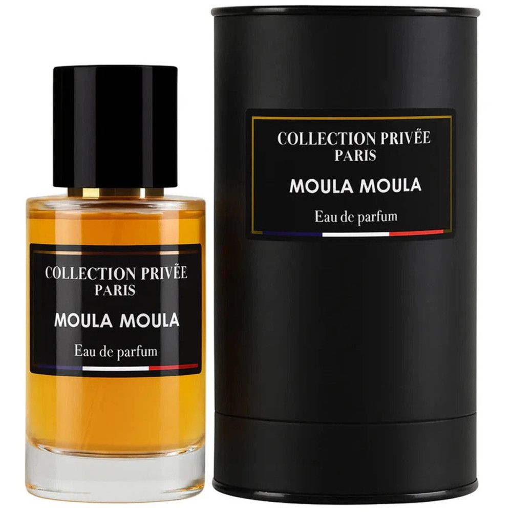 Parfümflakon und schwarze Verpackung. Aufschrift: Collection Privée Paris, Moula Moula, Eau de parfum. Französische Flagge.