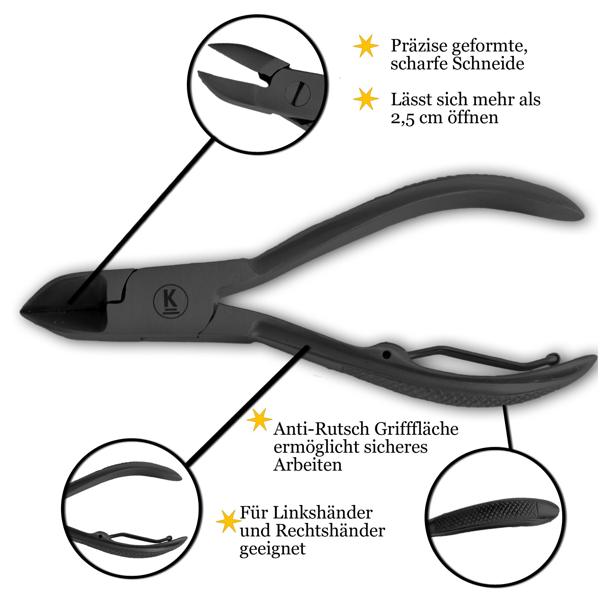 Edelstahl-Nagelzange mit Beschriftungen: scharfe Klinge, 2,5 cm Öffnung, Anti-Rutsch-Griff, für Links-/Rechtshänder.