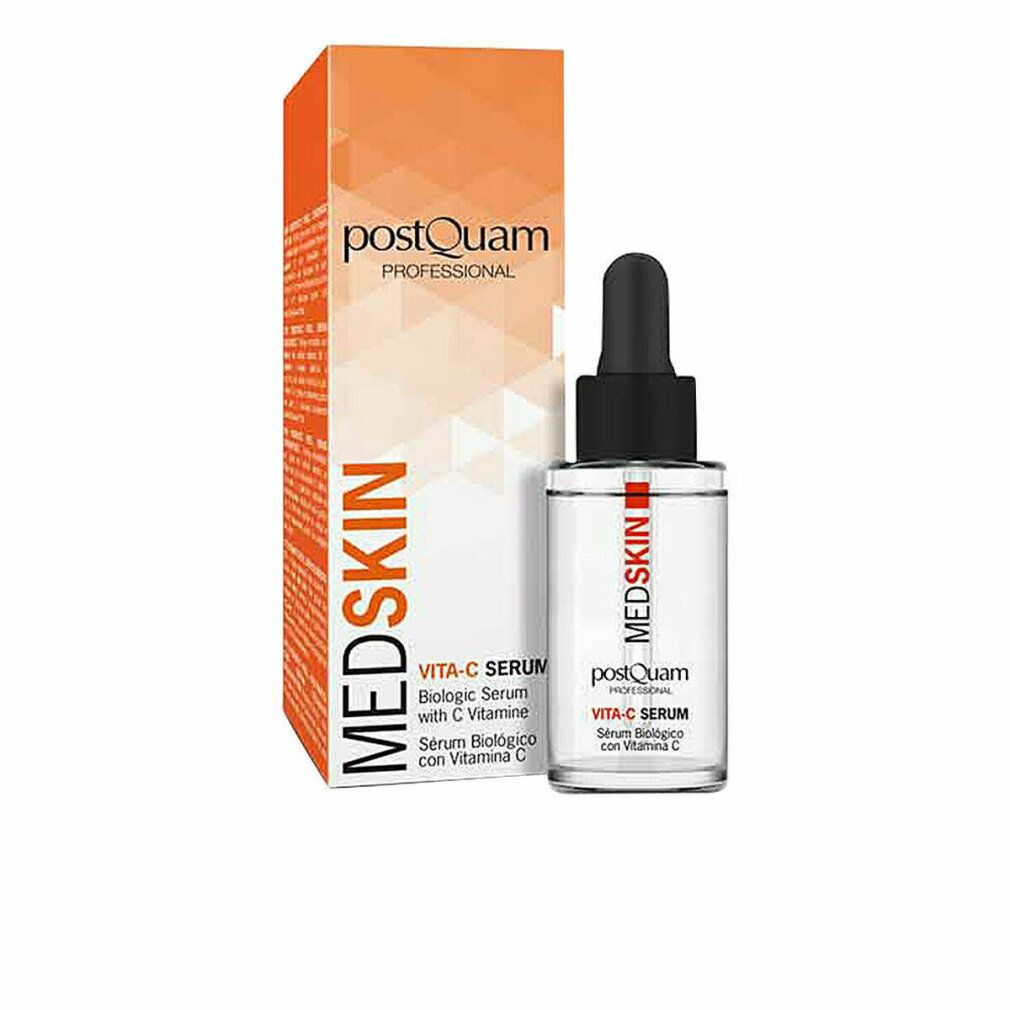 Serumflasche mit Pipette und Verpackung. Aufschrift: Medskin, Vita-C Serum, Serum Biologico con Vitamina C.