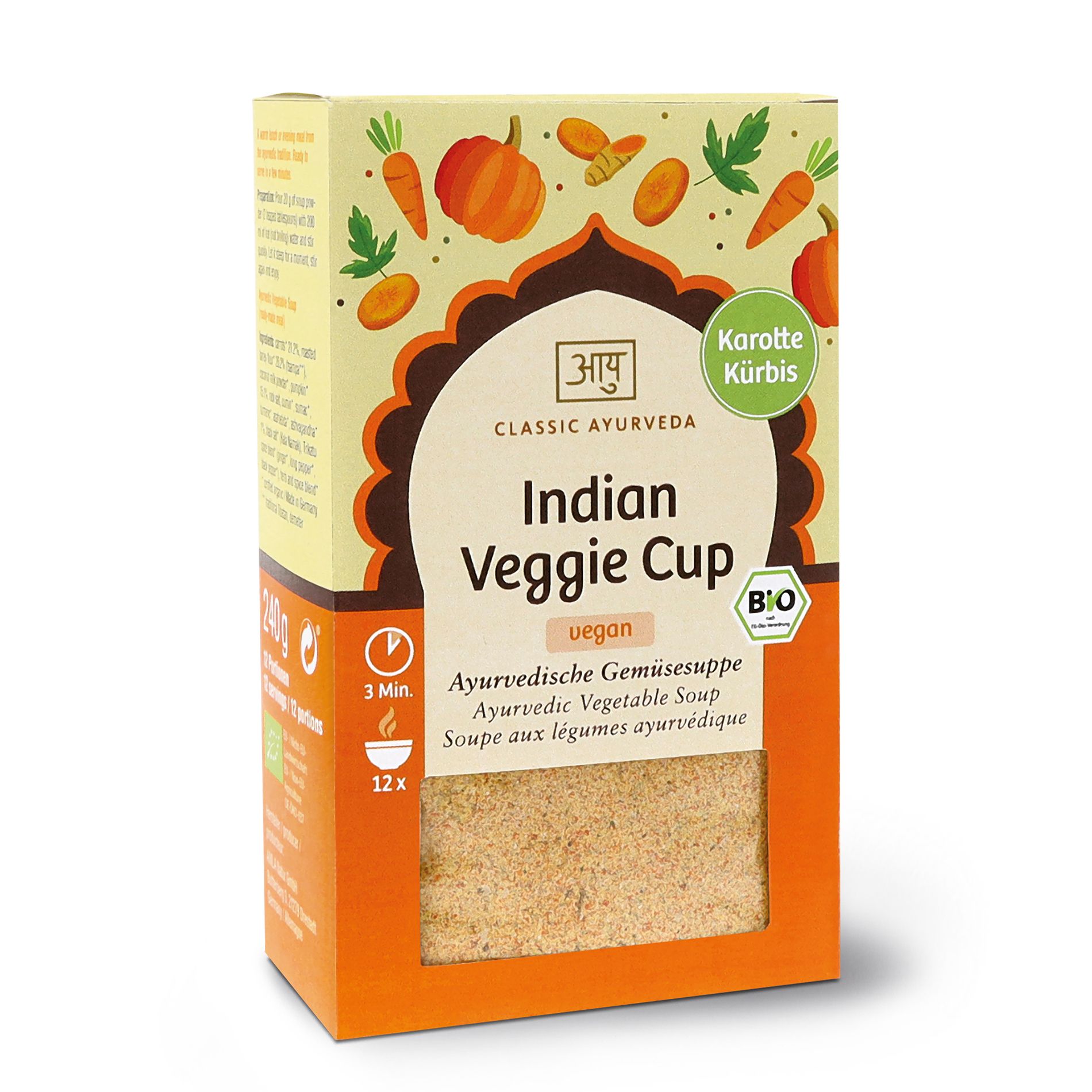 Verpackung von Classic Ayurveda Indian Veggie Cup. Mit Karotten- und Kürbis-Illustrationen. Text: "vegan", "Ayurvedische Gemüsesuppe".
