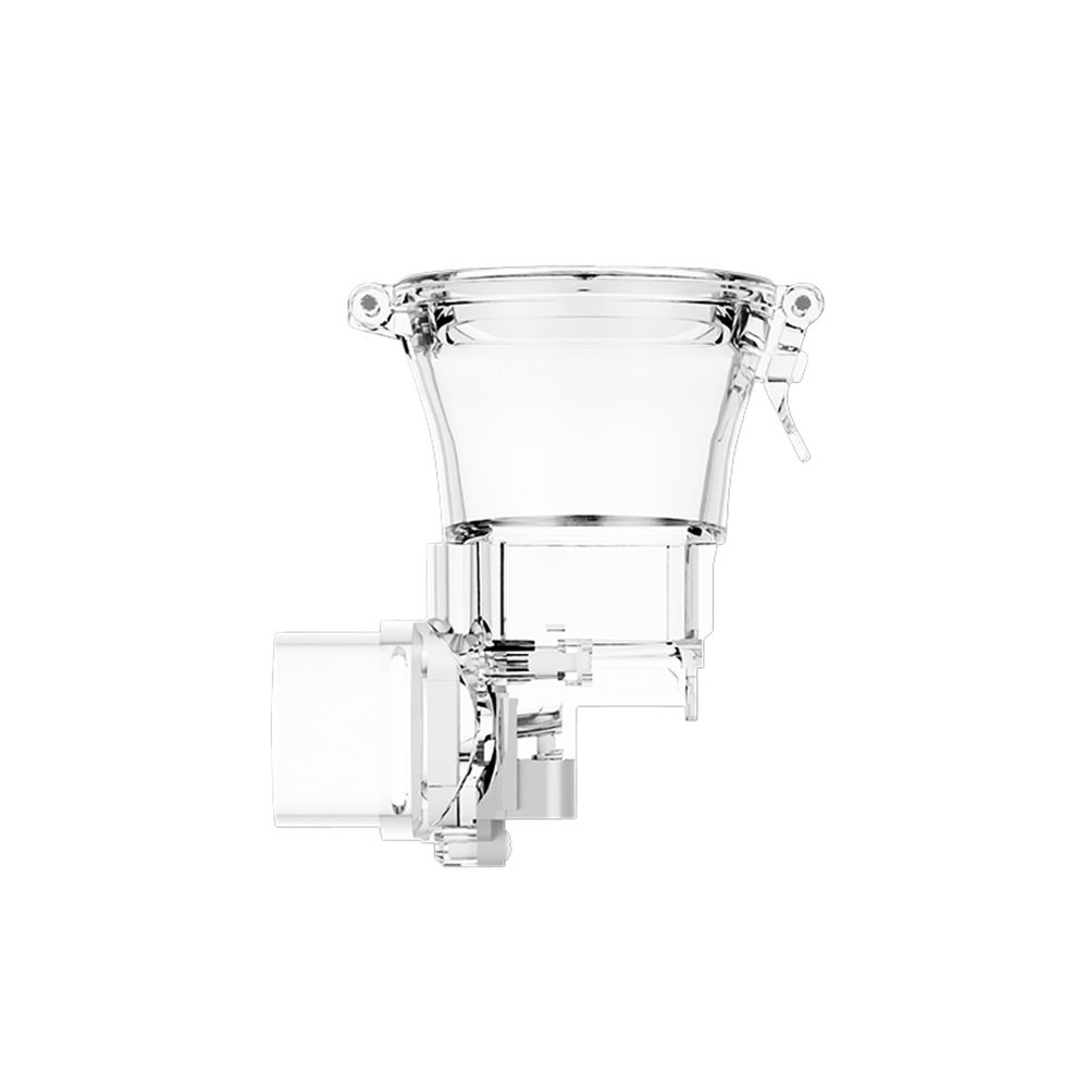 Transparenter Wasserbehälter für Inhalationsgerät. Kunststoff, zylindrische Form mit Deckel und seitlichen Anschlüssen.