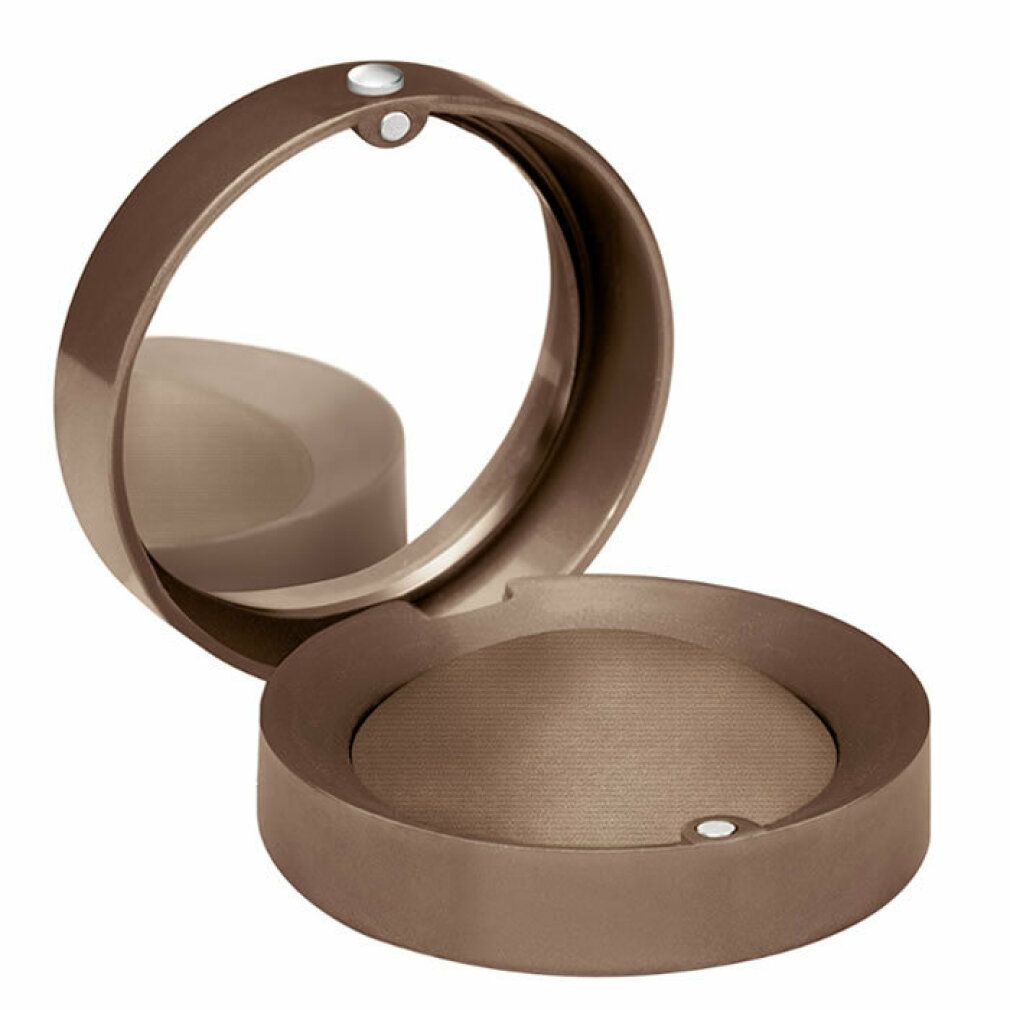 Runder, brauner Lidschatten-Behälter mit Spiegel. Geöffnet, Lidschatten sichtbar. Deckel mit Spiegel. Kleiner, runder Behälter.