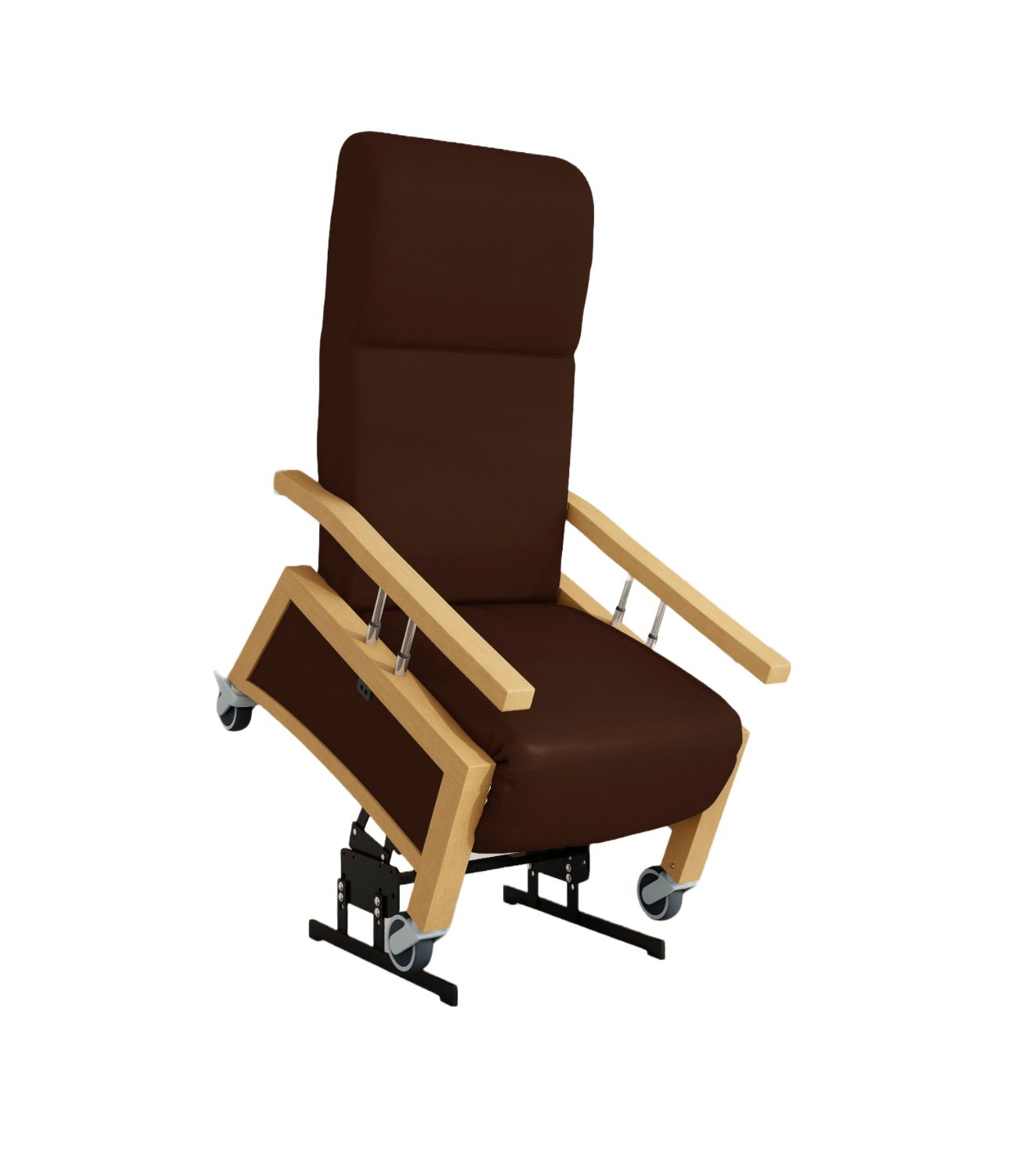 Brauner Pflegesessel mit Holzrahmen und Armlehnen. Der Sessel hat Rollen und eine Aufstehhilfe.