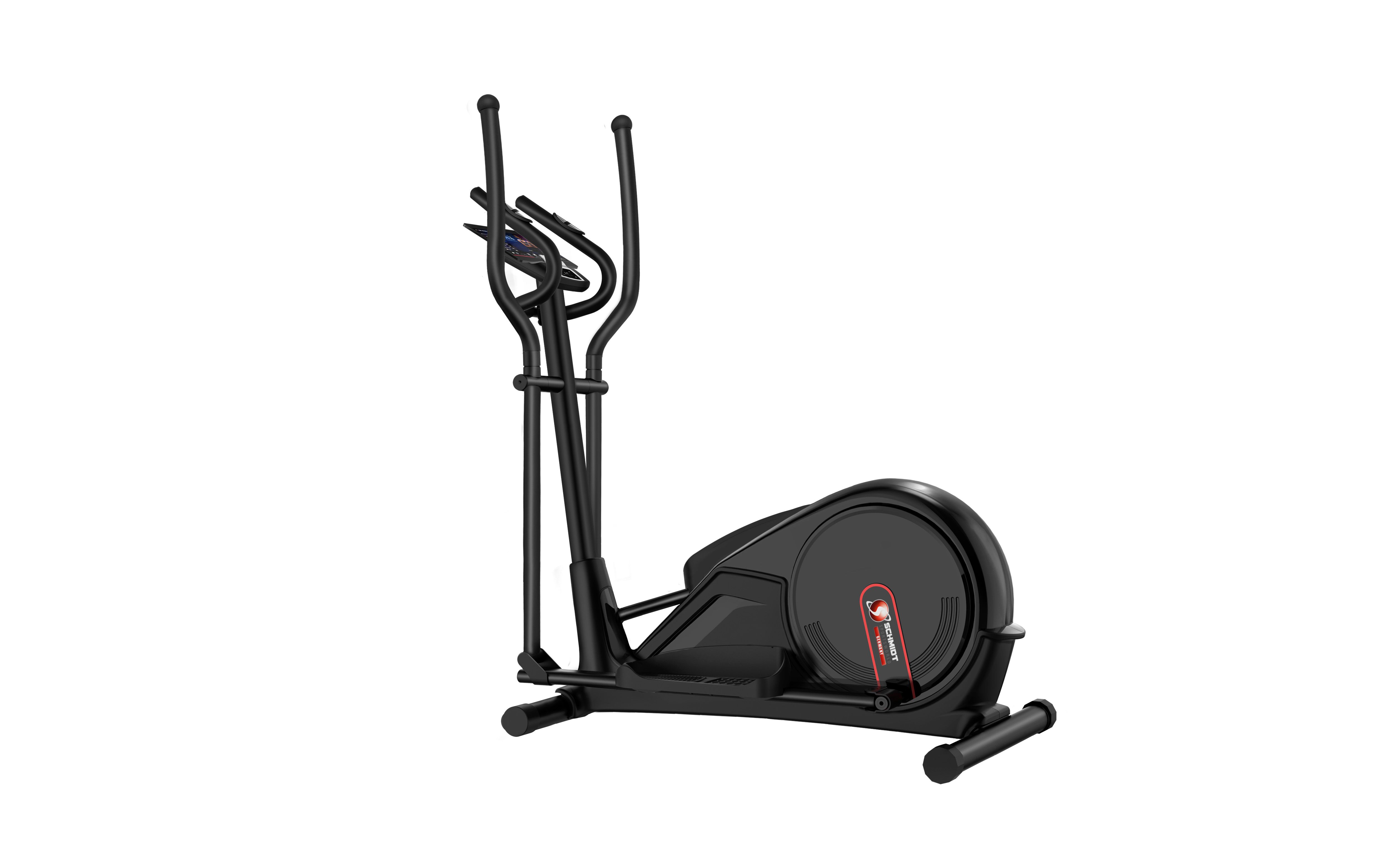 Schwarzer Crosstrainer. Vertikale Griffe, Pedale und rundes Schwungrad. Digitales Display.