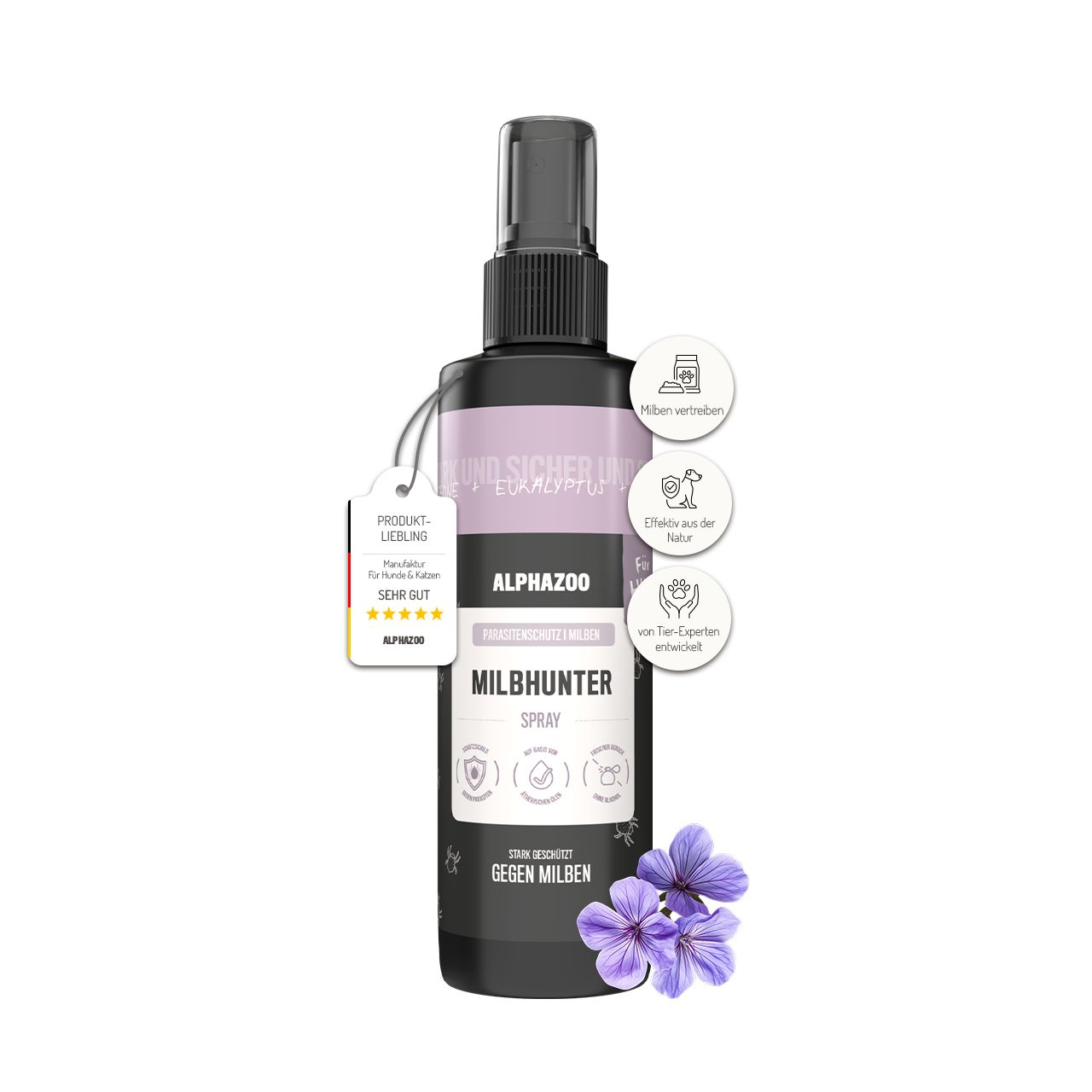 Schwarze Sprühflasche mit Produktetikett, lila Blüten. Enthält Produktnamen und Logos.