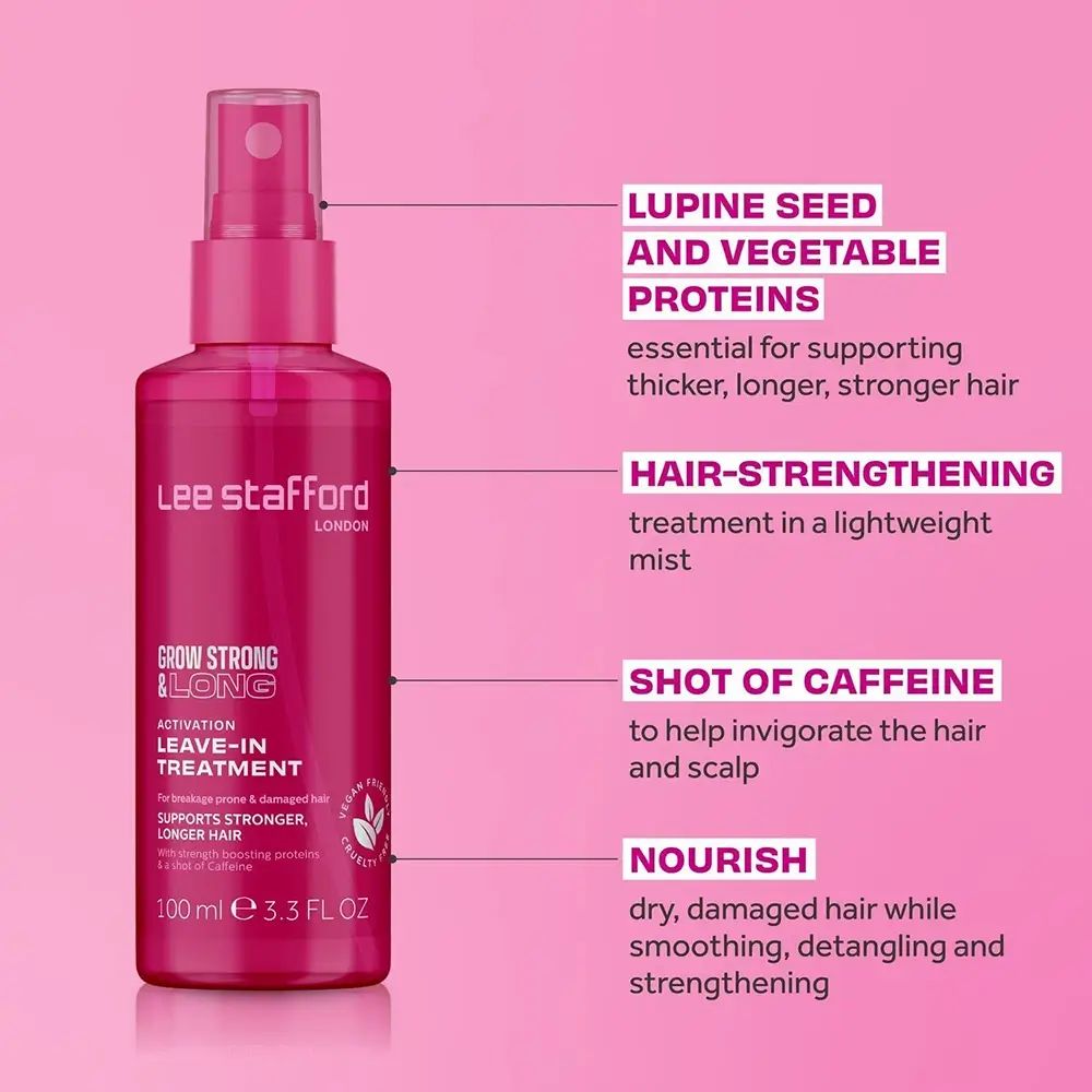 Rosa Haarspray-Flasche mit Text. Aufschrift: Lee Stafford, Grow Strong & Long, Leave-In Treatment. Text über Inhaltsstoffe und Vorteile.