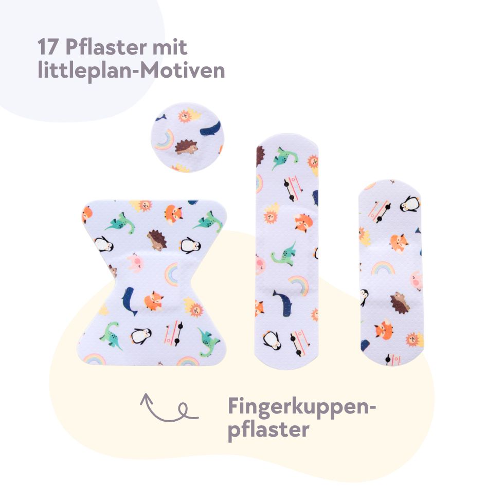 17 Pflaster mit kindgerechten Motiven wie Dinosaurier, Igel und Pinguin, inklusive Fingerkuppenpflaster.