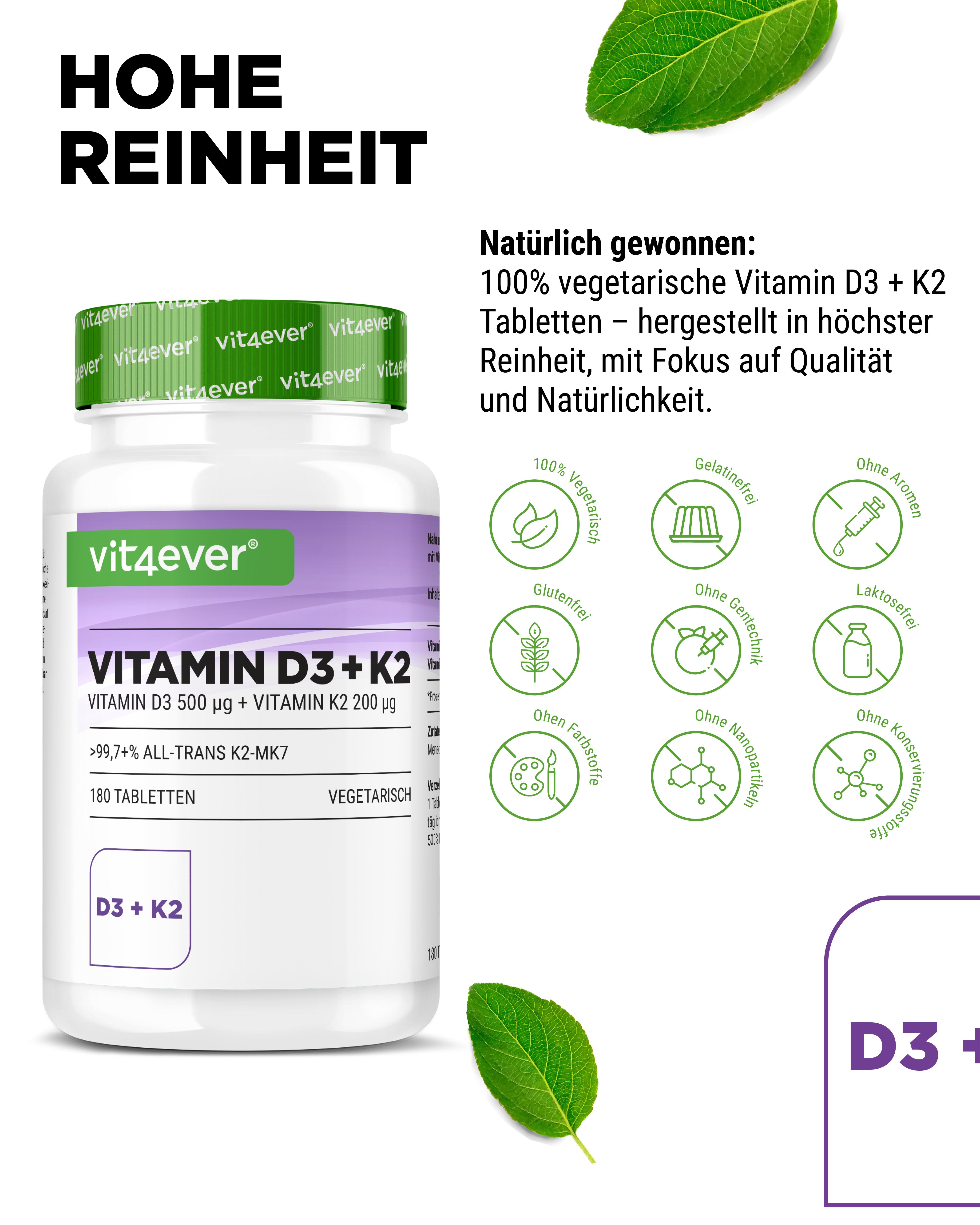 Vit4ever Vitamin D3 + K2 Tabletten. Weiße Tabletten in einer weißen Flasche mit grünem Deckel. Aufschrift: Vitamin D3 + K2.