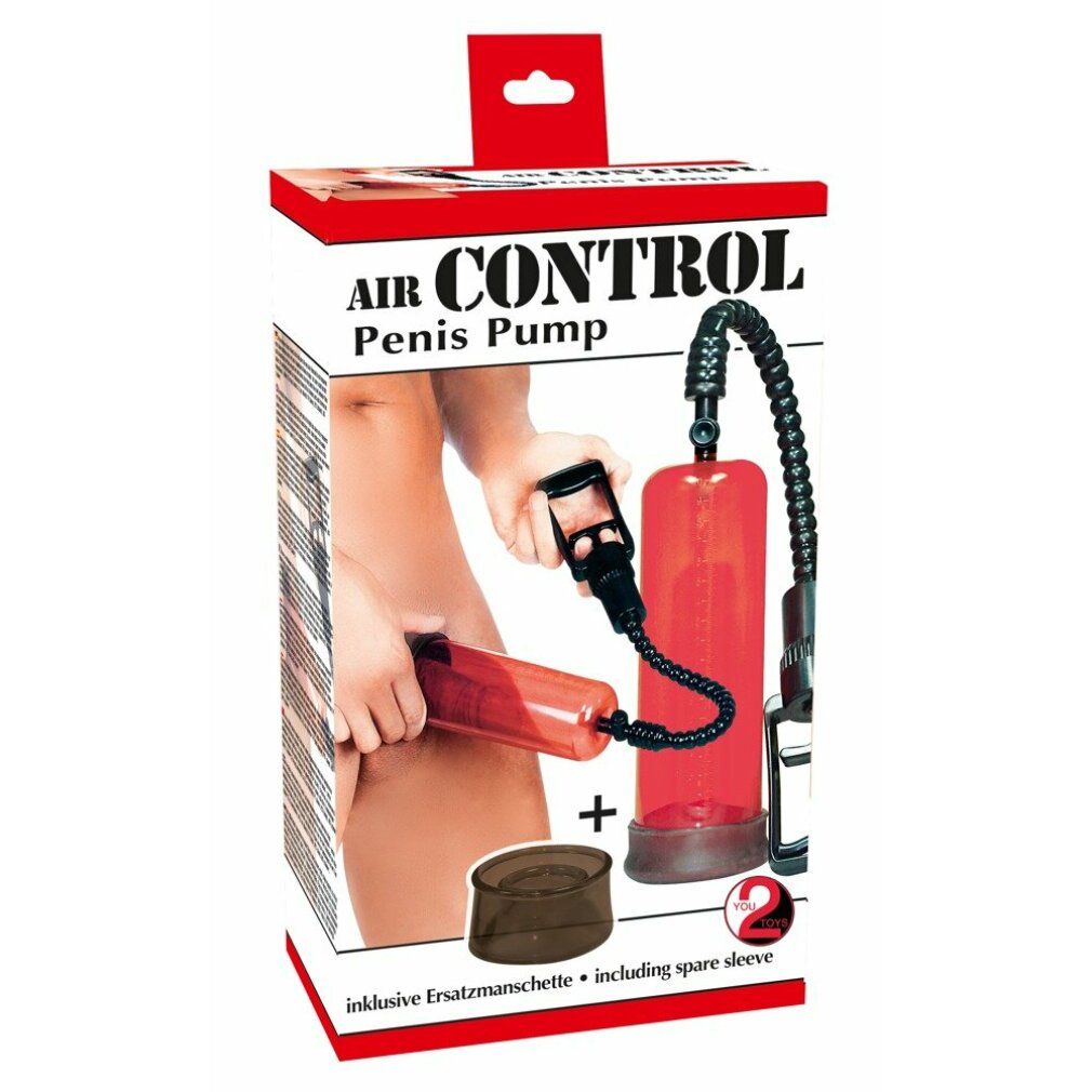 Verpackung mit roter Zylinderpumpe, schwarzem Griff und Schlauch. Text: AIR CONTROL, Penis Pump. Inkl. Manschette.