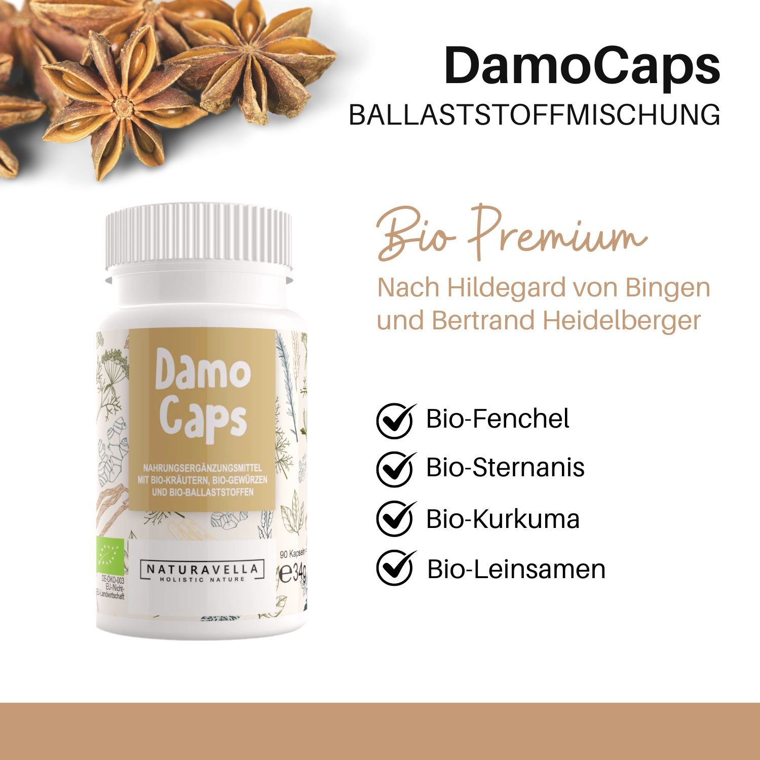 Weiße Flasche mit DamoCaps-Kapseln, Bio-Zutaten-Liste, Bio-Siegel. Hintergrund: Anissterne.