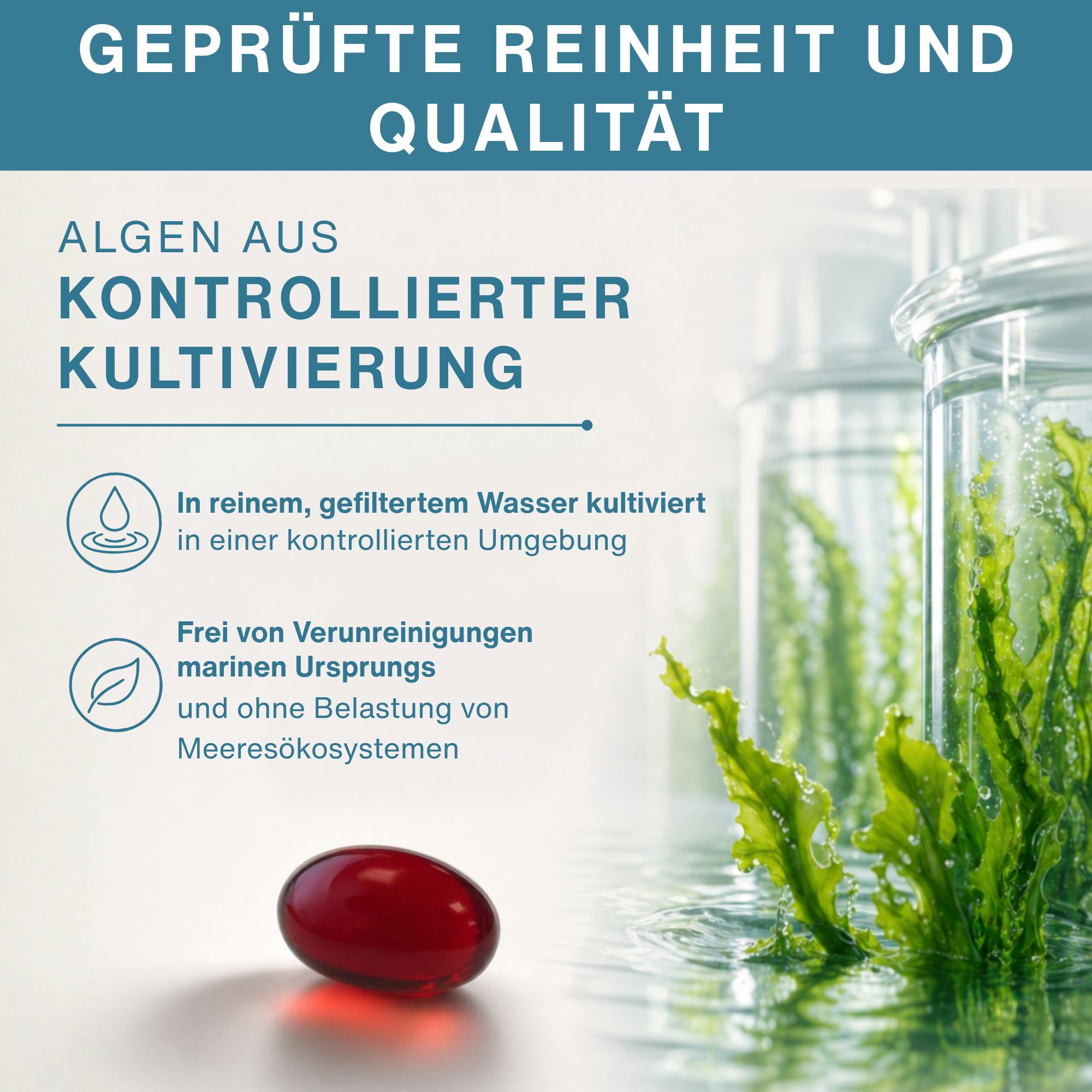 Geprüfte Reinheit und Qualität: Algen aus kontrollierter Kultivierung.