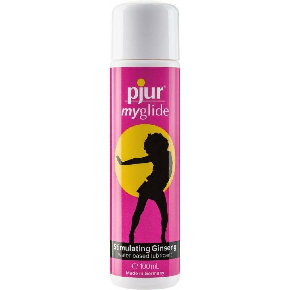 Rosa Flasche mit weißem Deckel. Aufdruck: pjur myglide, Silhouette, Ginseng, 100ml.