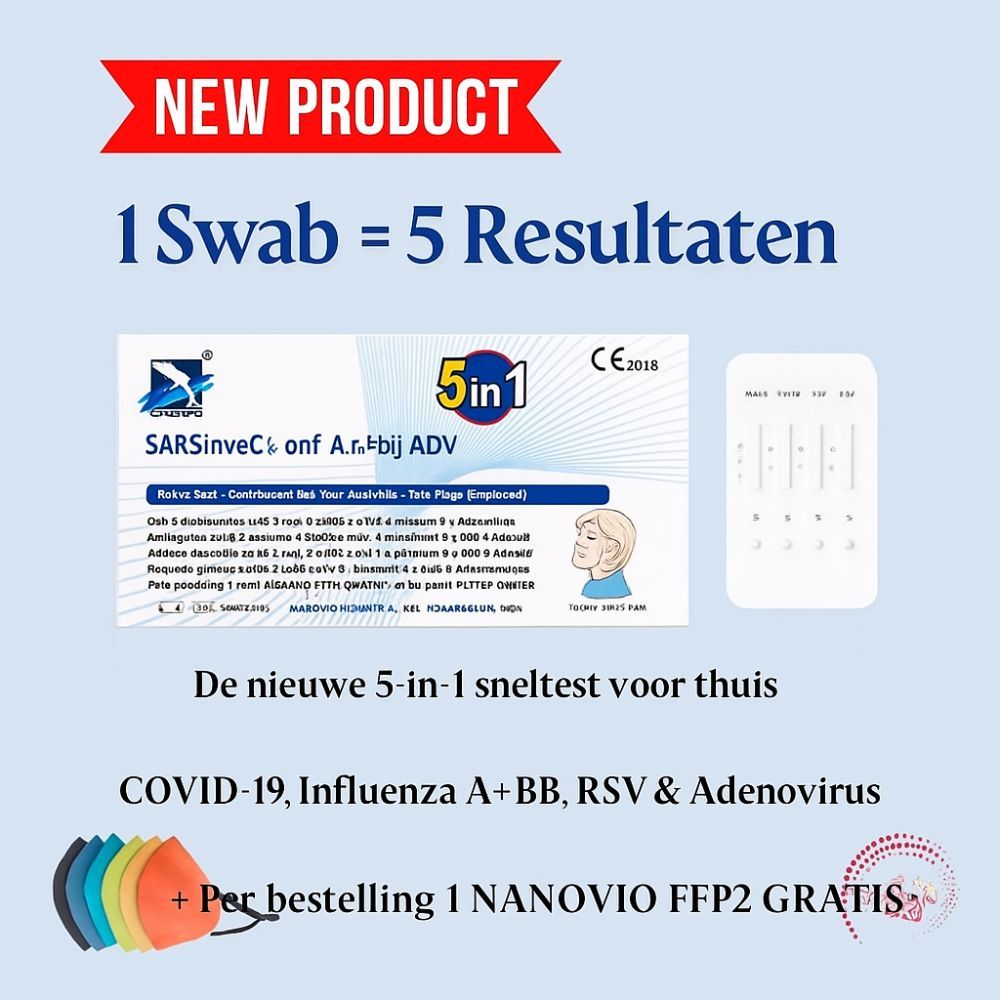 5-in-1-sneltestkit voor COVID-19, griep A/B, RSV en adenovirus. Inclusief FFP2-masker.