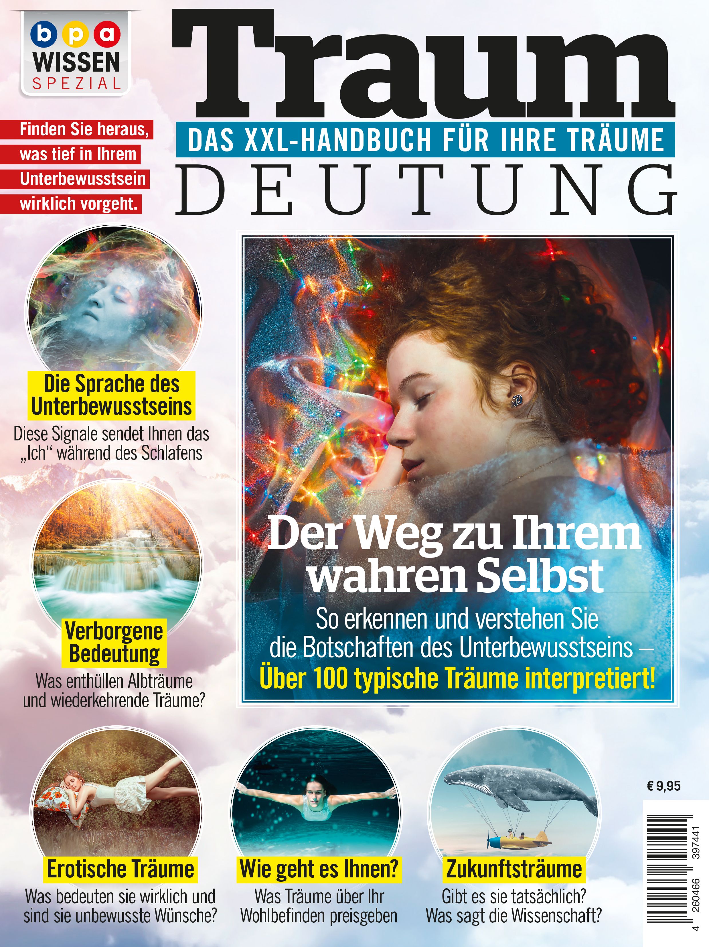 Zeitschrift "Traumdeutung". Titel: Das XXL-Handbuch für Ihre Träume. Cover mit Frau, bunten Lichtern und Texten über Träume.