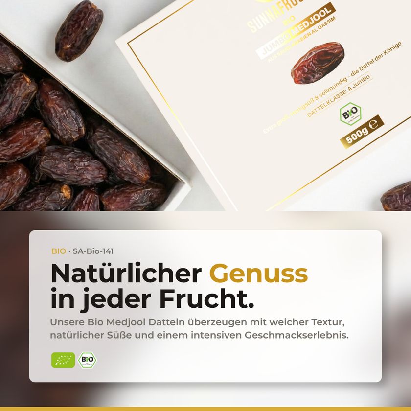 BIO Medjool Datteln Jumbo: Natürlicher Genuss mit weicher Textur, natürlicher Süße und intensivem Geschmack.