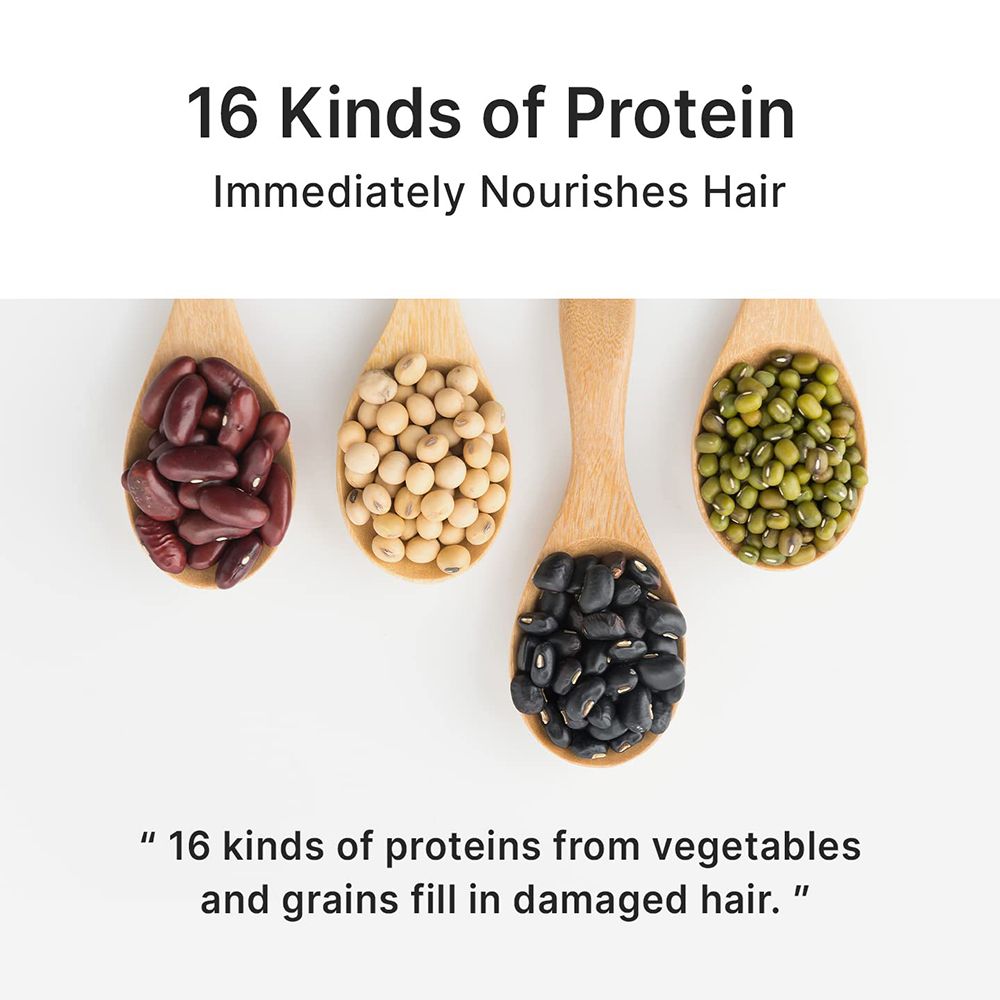 Vier Holzlöffel mit verschiedenen Hülsenfrüchten. Text: 16 Arten von Proteinen. Sofort nährt das Haar.