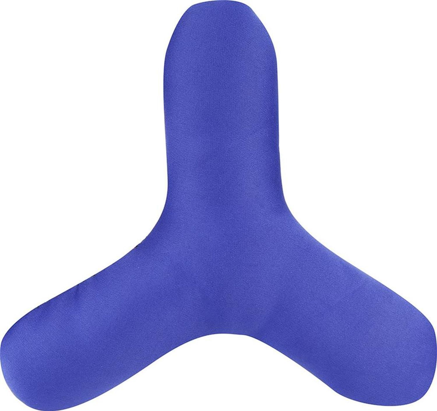Blauer, dreieckiger Boomerang. Glatte Oberfläche. Form mit drei Flügeln. Keine weiteren Details.