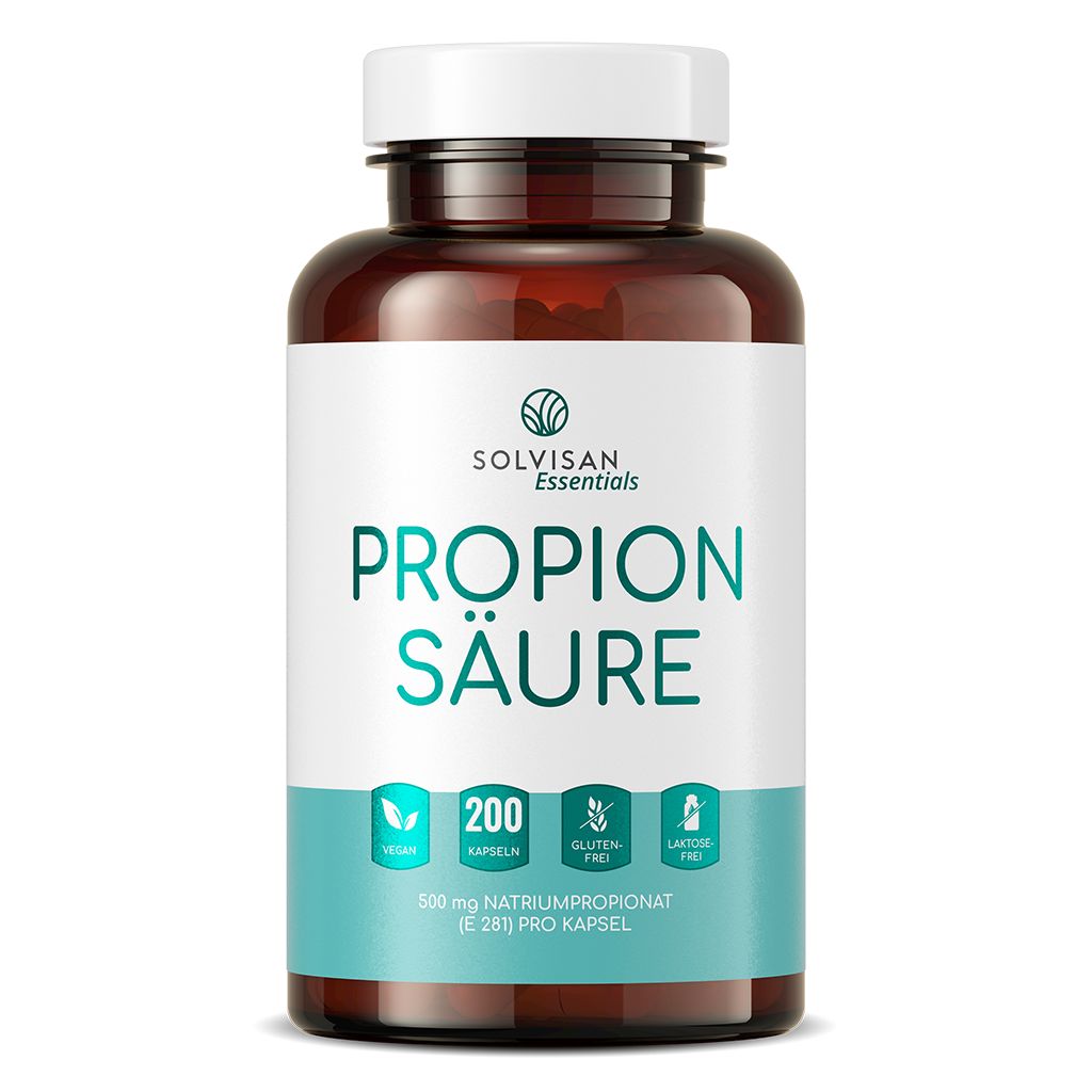 Braune Flasche SOLVISAN Essentials Propionsäure. 200 Kapseln. Text: Vegan, glutenfrei, laktosefrei.