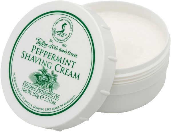 Weisse Dose mit Deckel, geöffnet. Aufschrift: Peppermint Shaving Cream, Taylor of Old Bond Street. Grün umrandet.