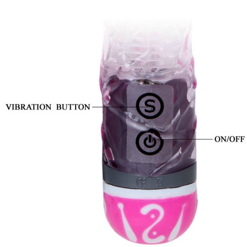 Nahaufnahme eines Vibrator-Unterteils. Bedienknöpfe mit Beschriftung: Vibration und Ein/Aus. Pinkfarbene Basis mit weißem Muster.