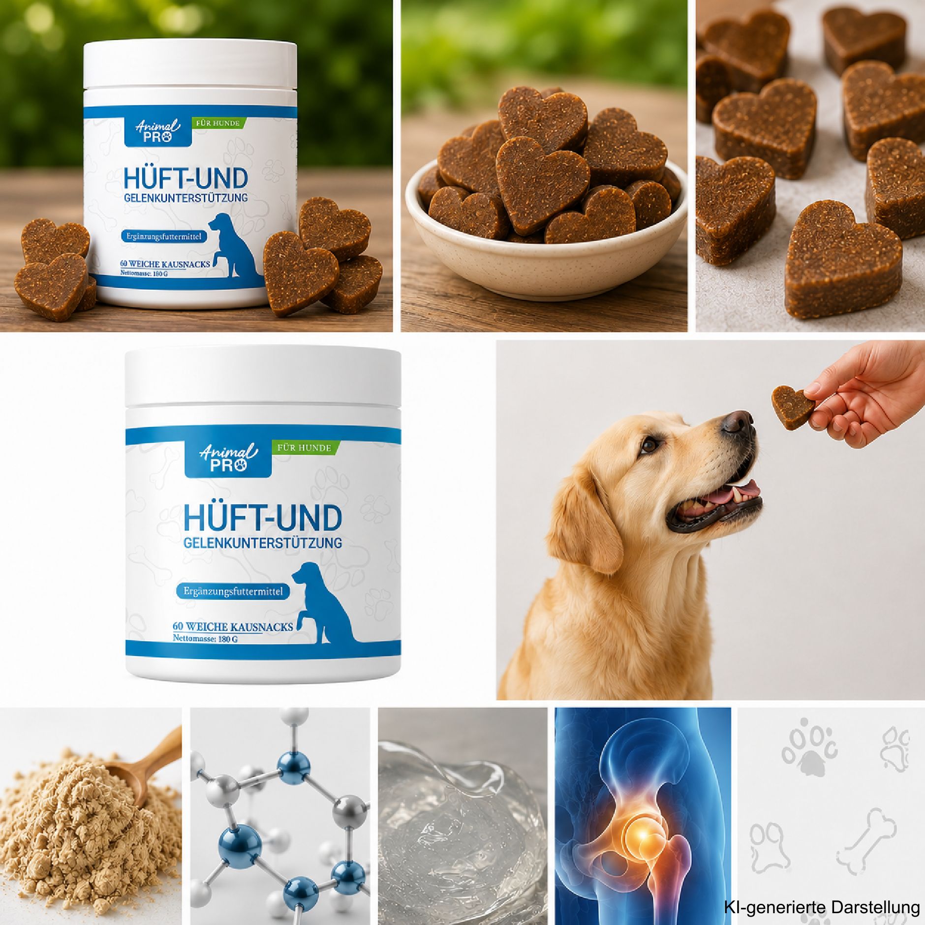 Collage: Gelenkunterstützungsprodukt, Herz-Snacks, Hund wird gefüttert, Pulver, Molekül, Gel, Hüftgelenk.