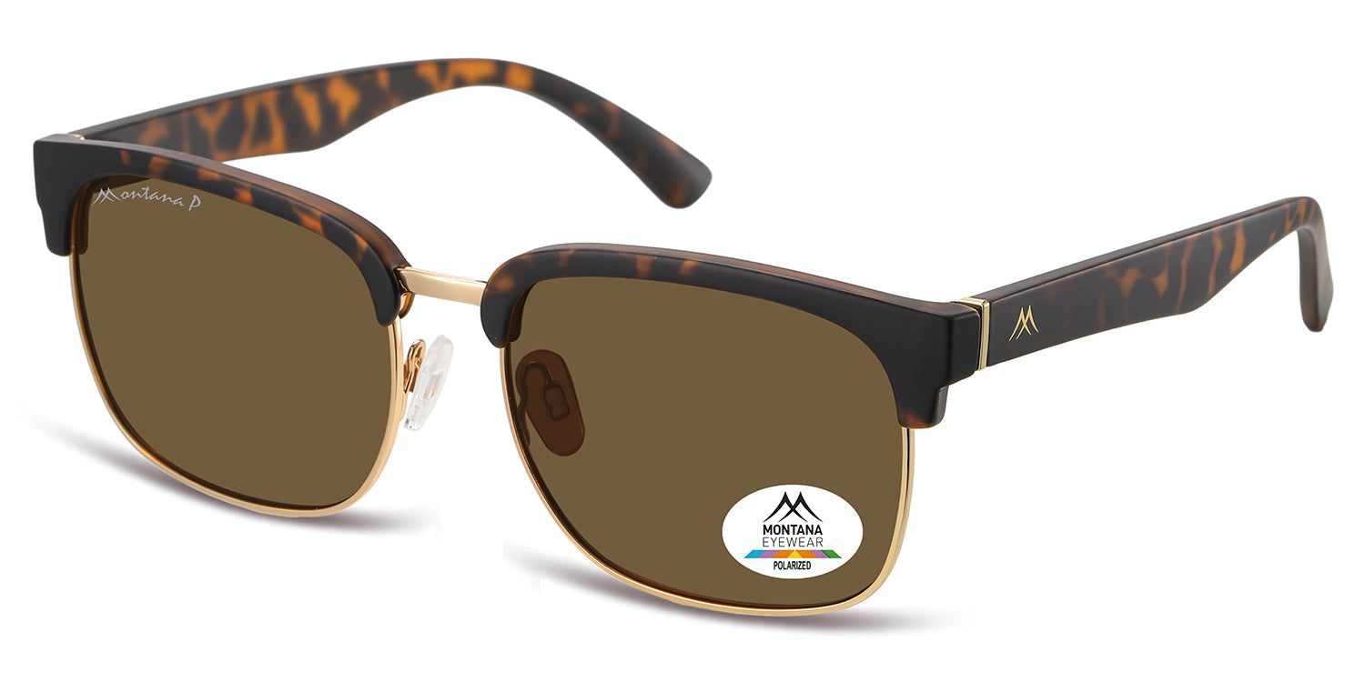 Sonnenbrille mit braunen Gläsern und goldfarbenem Rahmen. Schwarzer oberer Rahmen mit Schildpattmuster. Montana Eyewear Logo auf dem Glas.