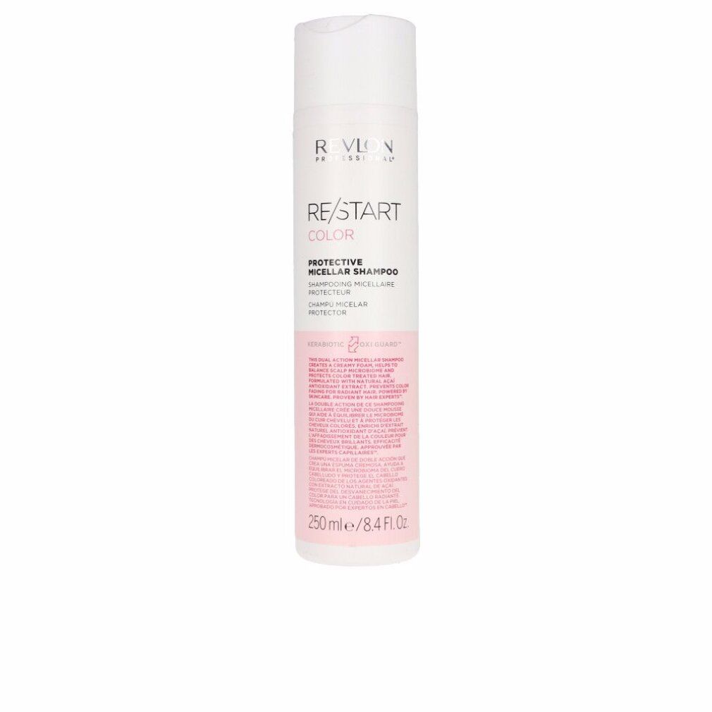 Weiß-rosa Flasche. Text: RE/START COLOR, PROTECTIVE MICELLAR SHAMPOO. Marke Revlon. 250 ml/8.4 FL.OZ.